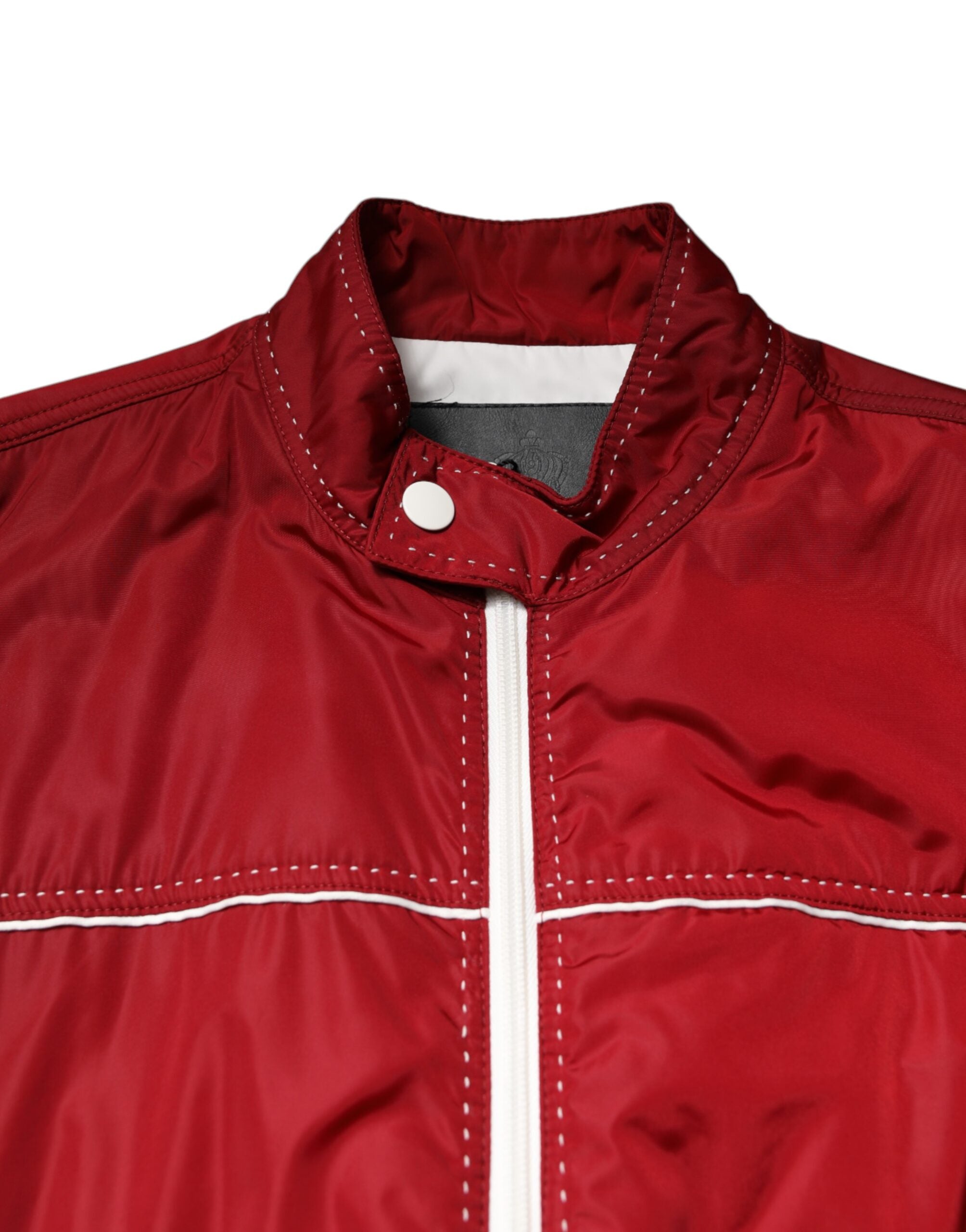 Red White Nylon Full Zip Men Bomber Jacket - ventzia