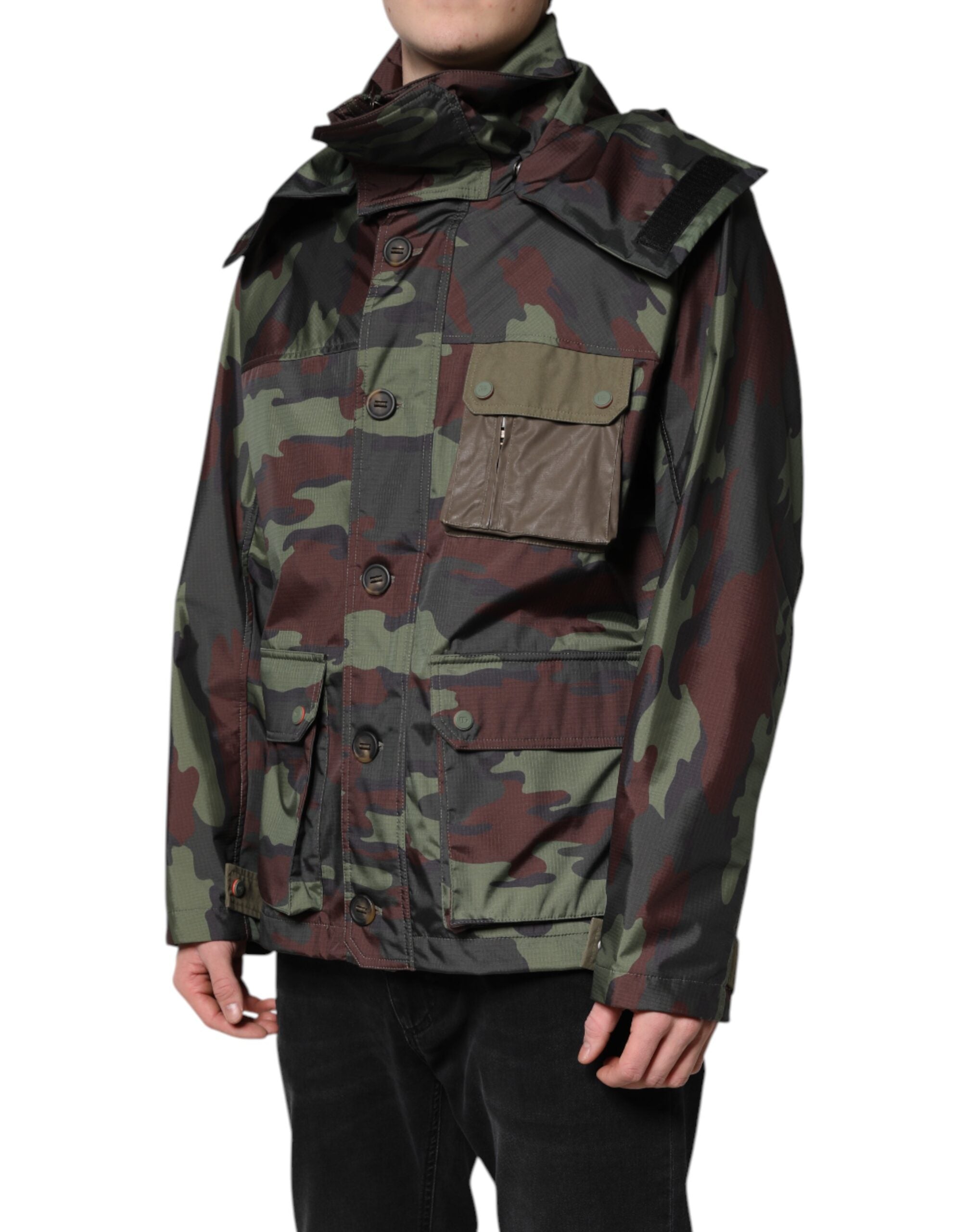 Multicolor Camouflage Button Hooded Jacket - ventzia