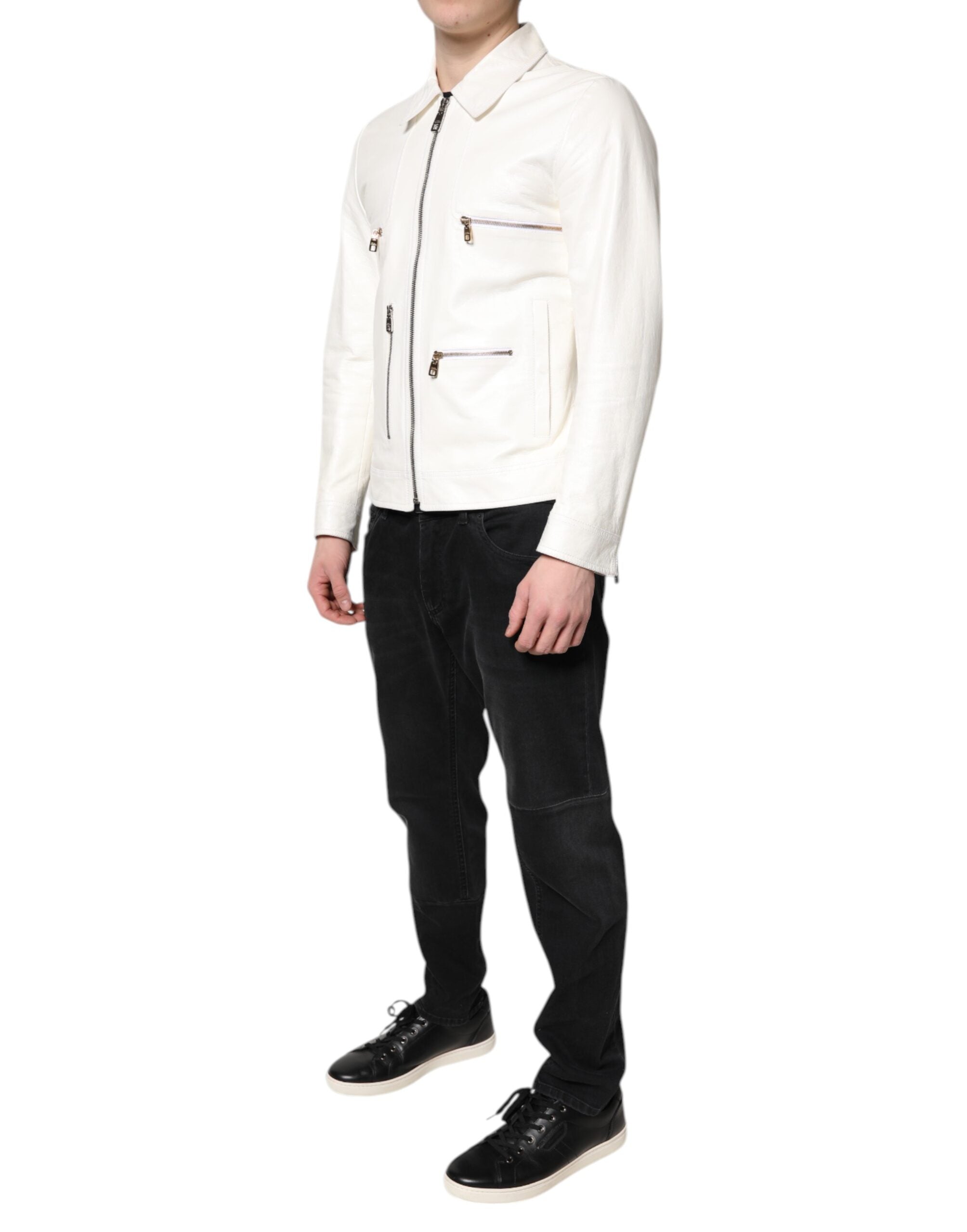 White Collared Full Zip Biker Coat Jacket - ventzia
