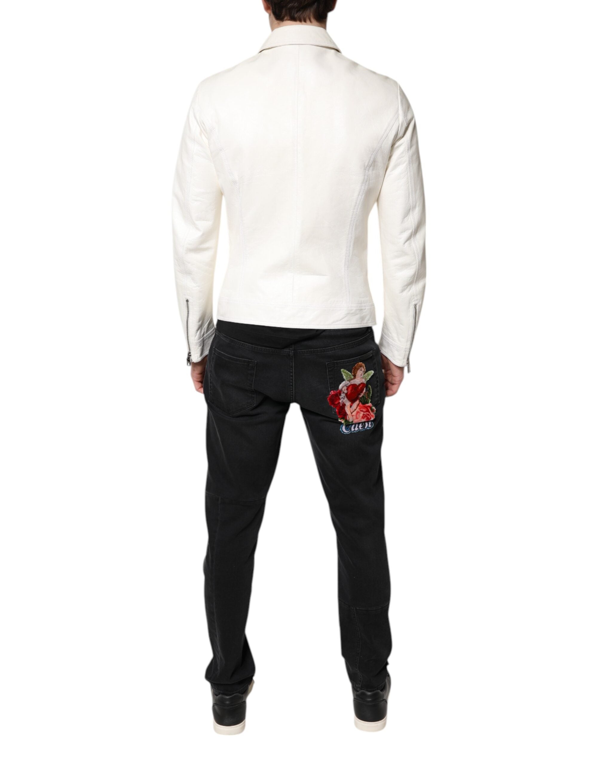 White Collared Full Zip Biker Coat Jacket - ventzia