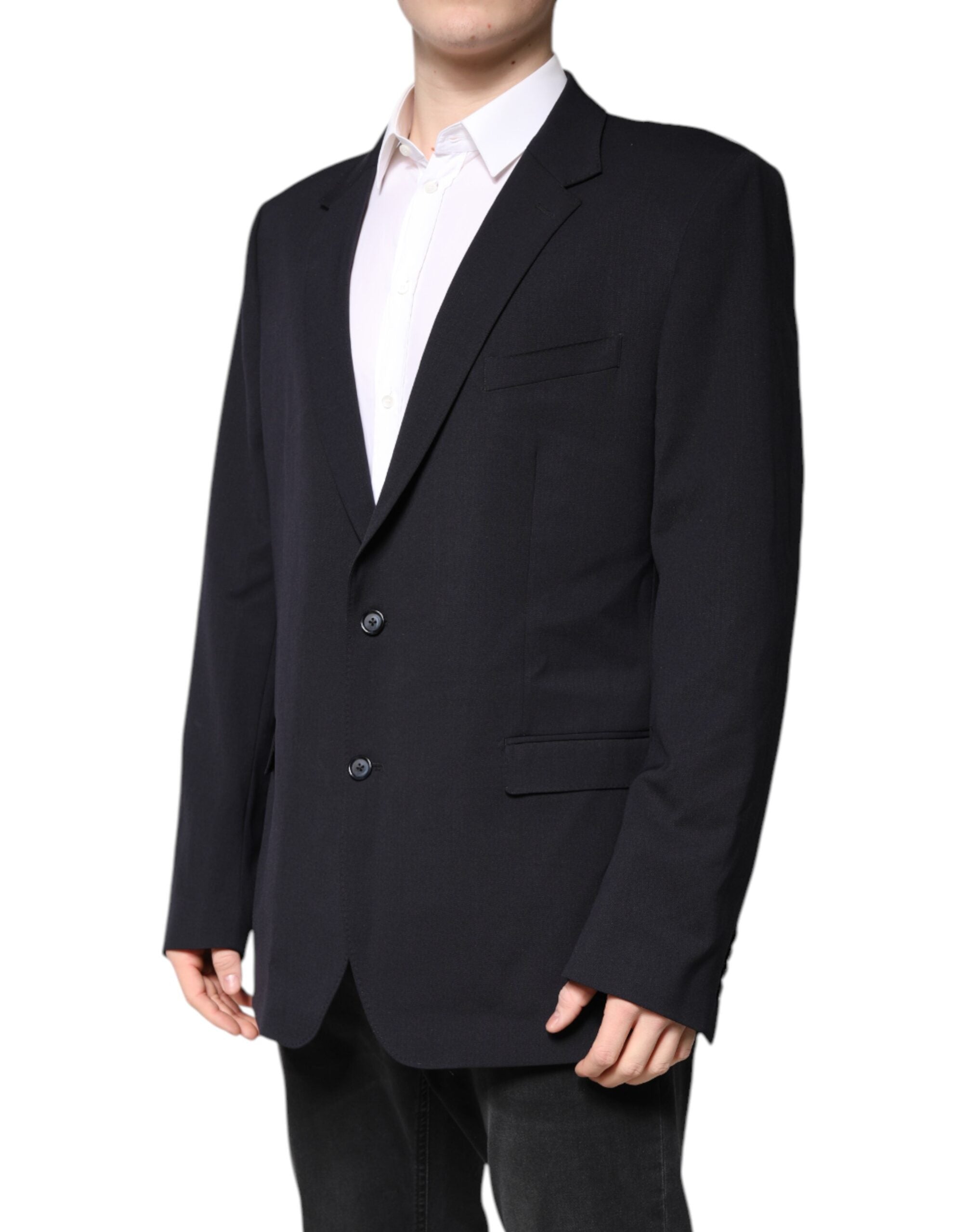 Dark Blue Wool Single Breasted Coat Blazer - ventzia