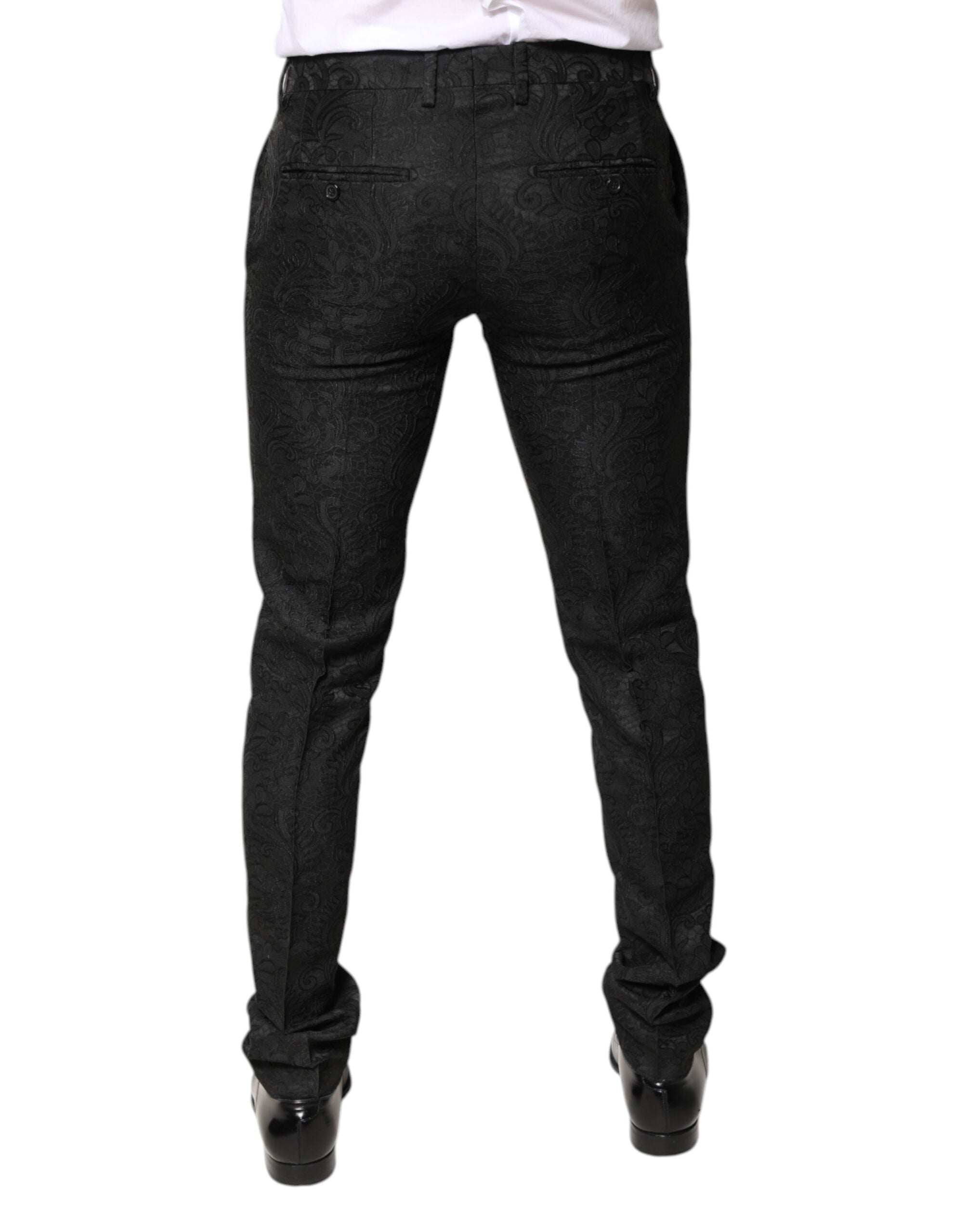 Black Floral Jacquard Mid Waist Dress Pants - ventzia