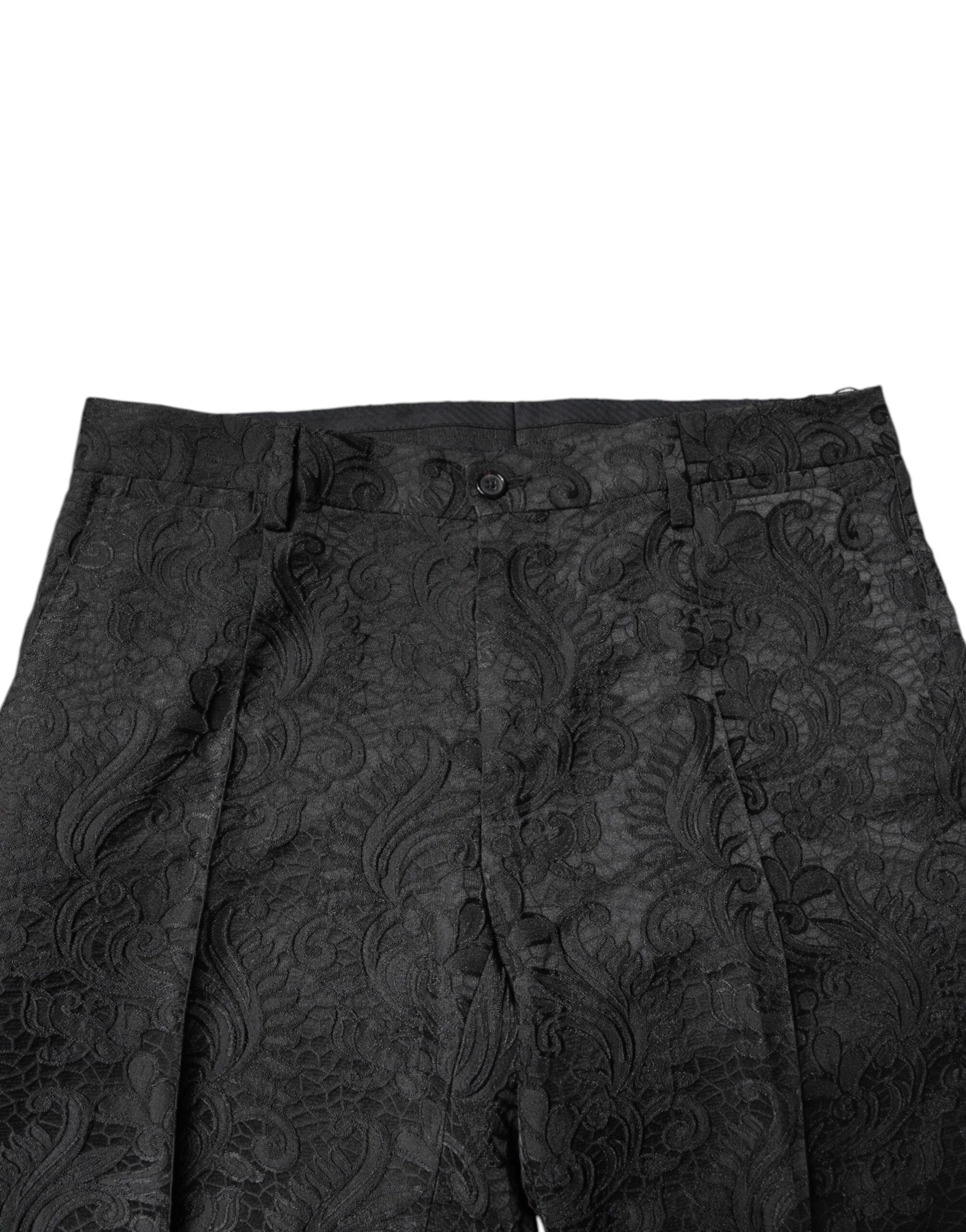 Black Floral Jacquard Mid Waist Dress Pants - ventzia