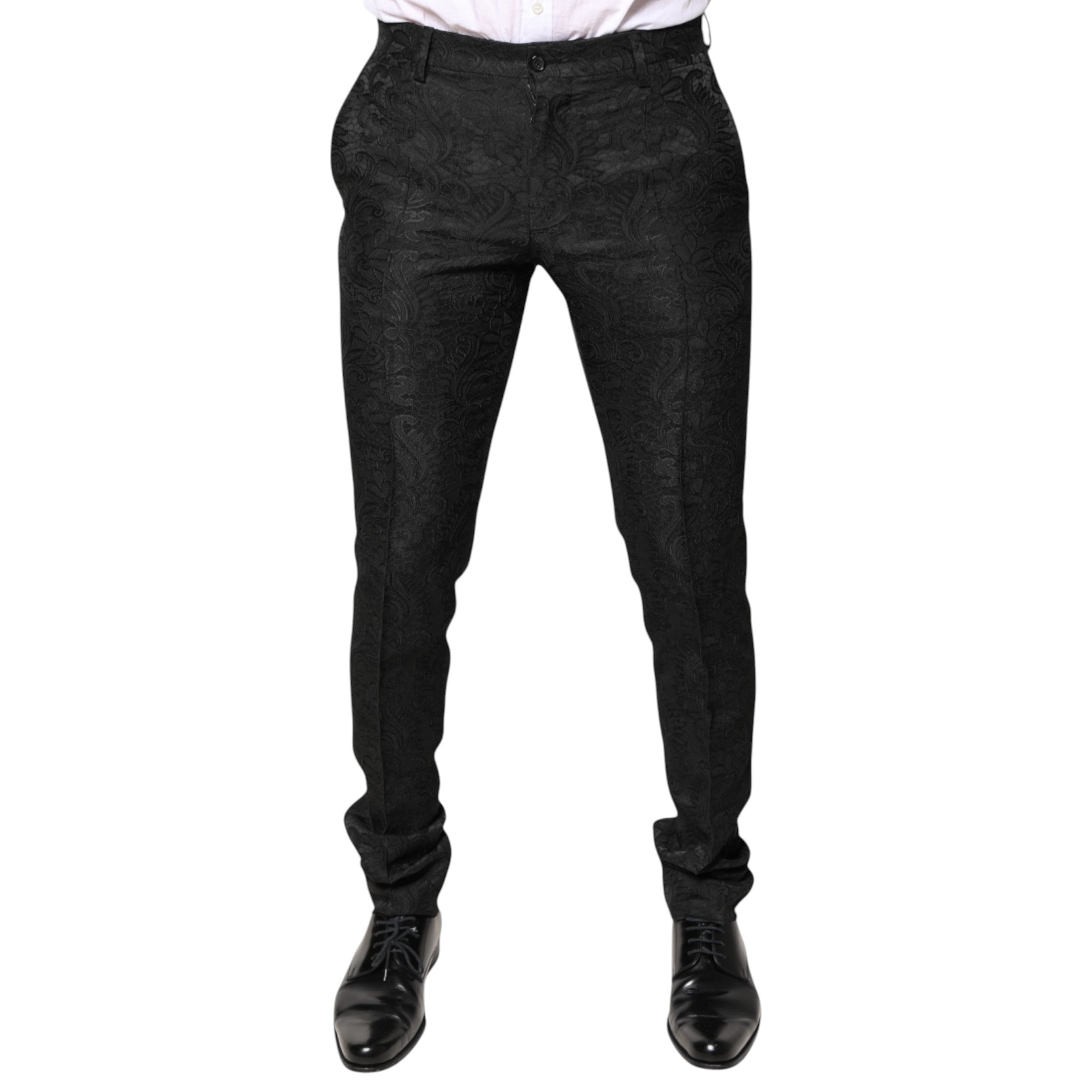 Black Floral Jacquard Mid Waist Dress Pants - ventzia