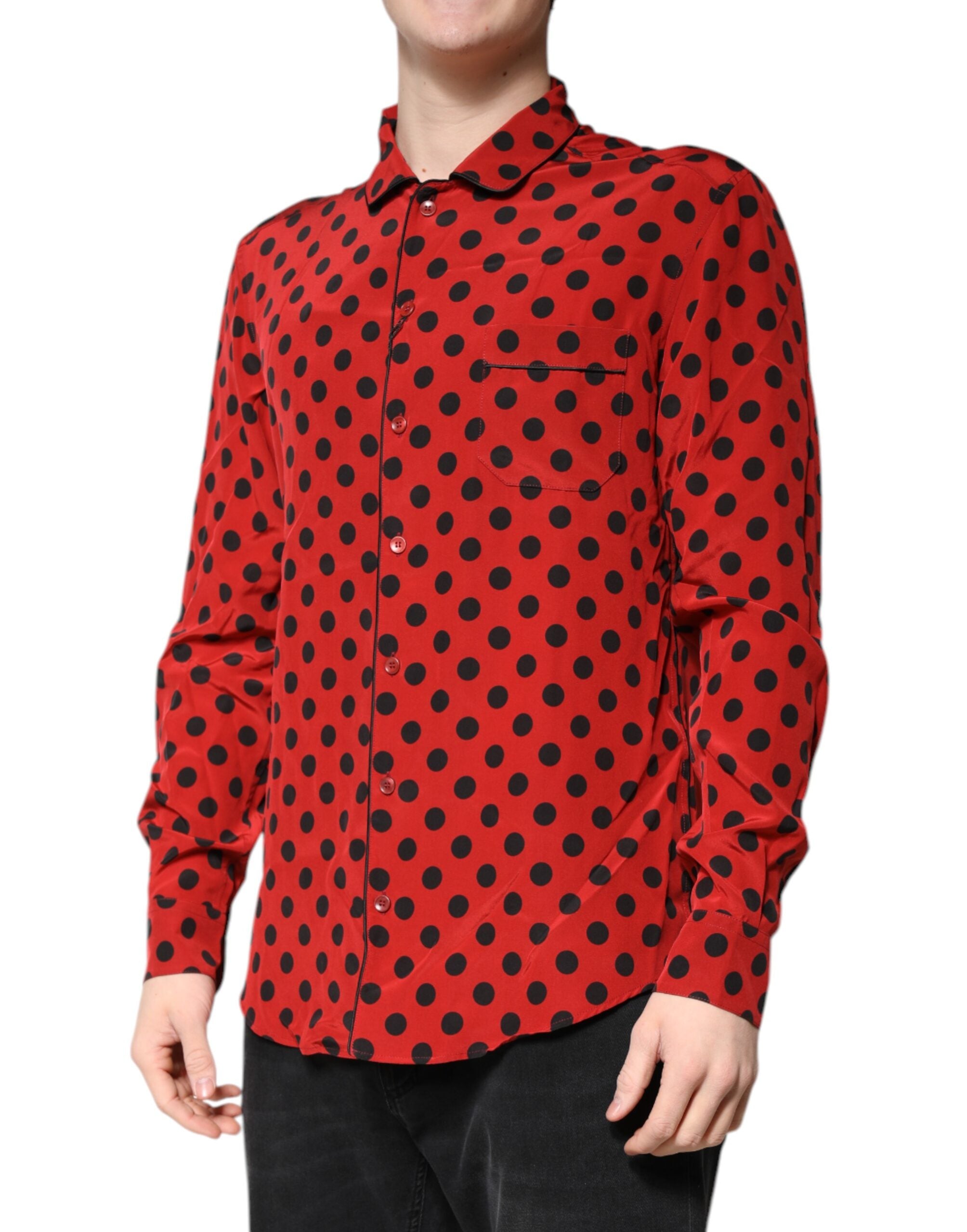 Red Polka Dot Silk Long Sleeve Shirt - ventzia