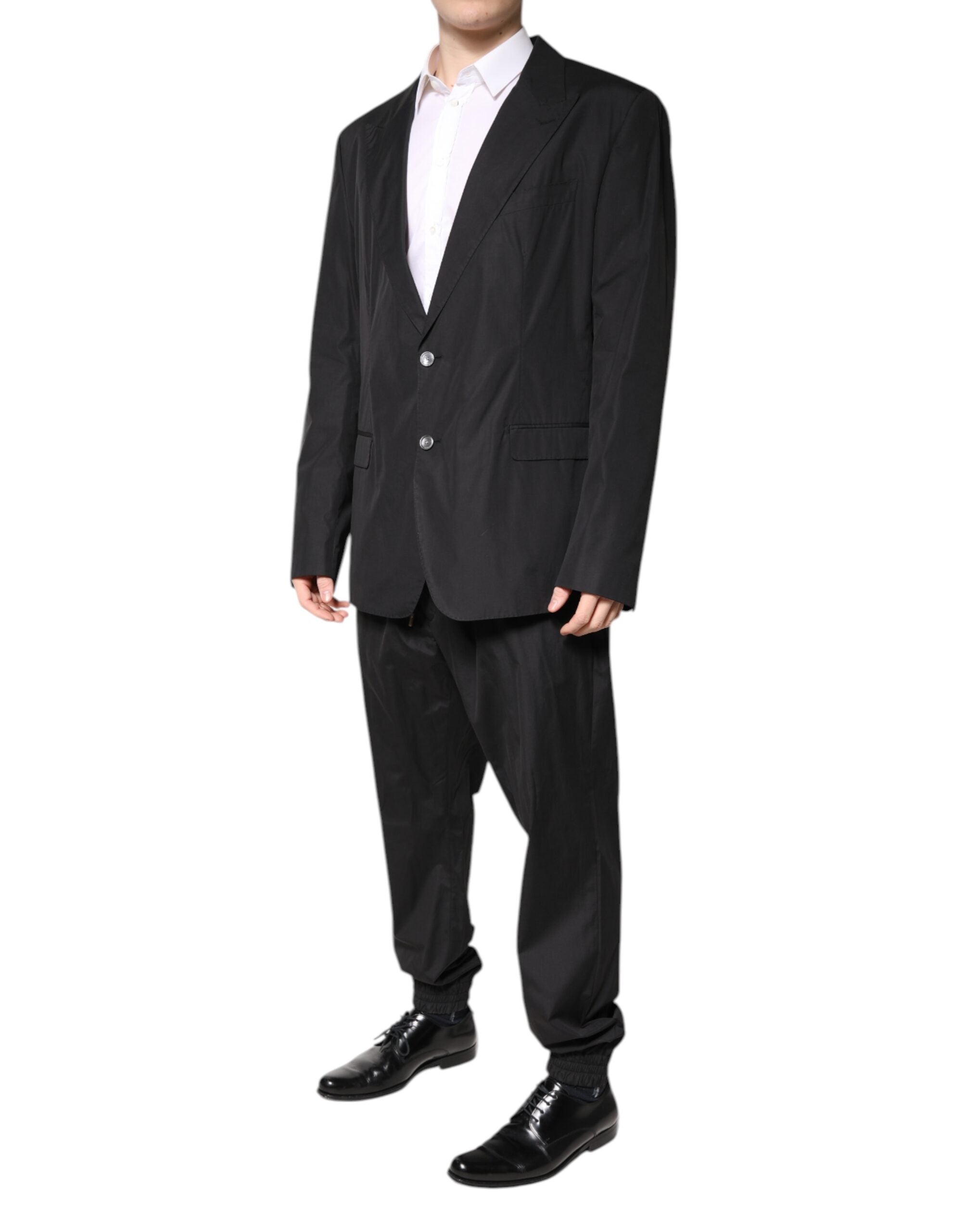 Black Cotton Single Breasted 2 Piece Suit - ventzia