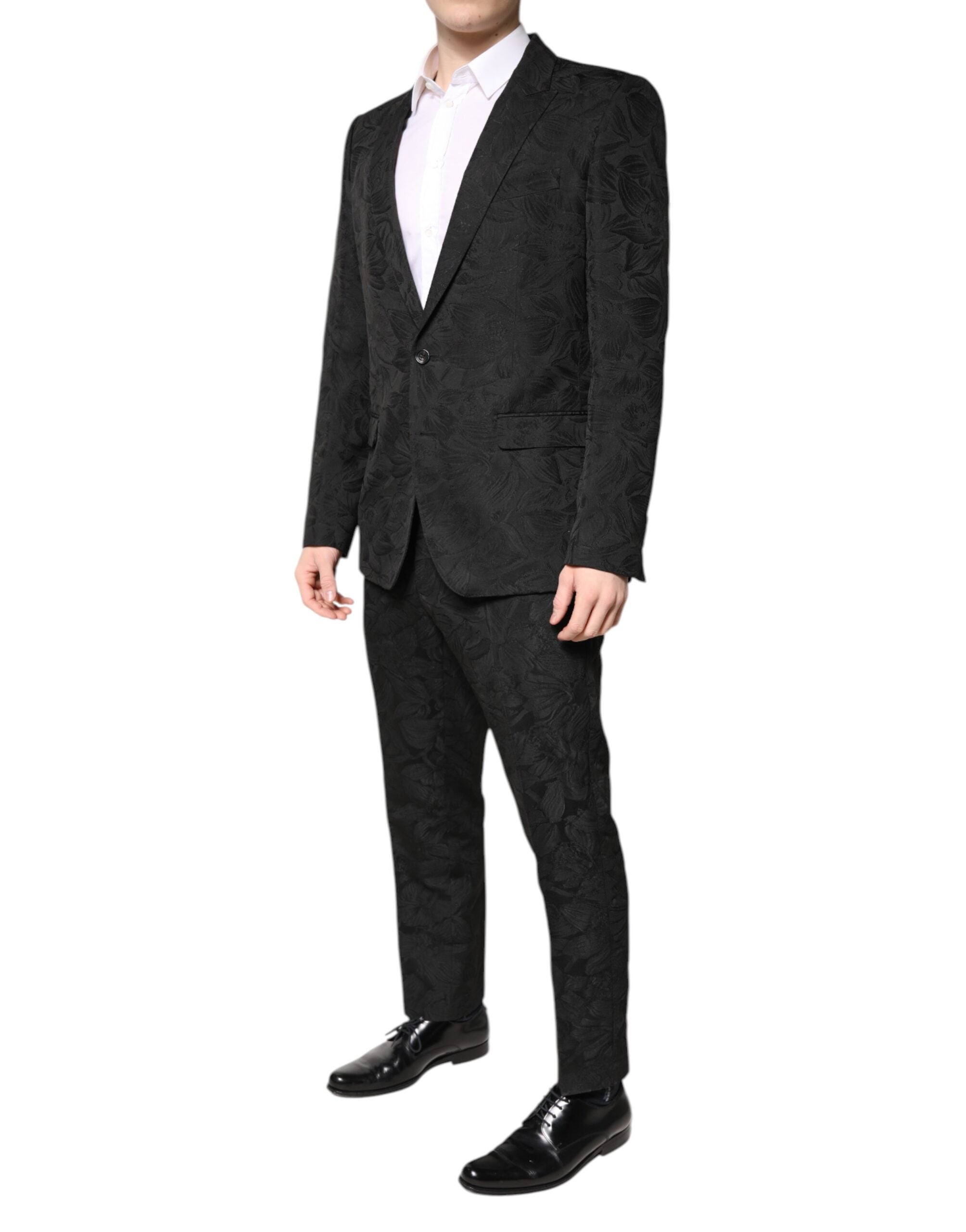 Black Polyester Floral Jacquard 2 Piece Suit - ventzia