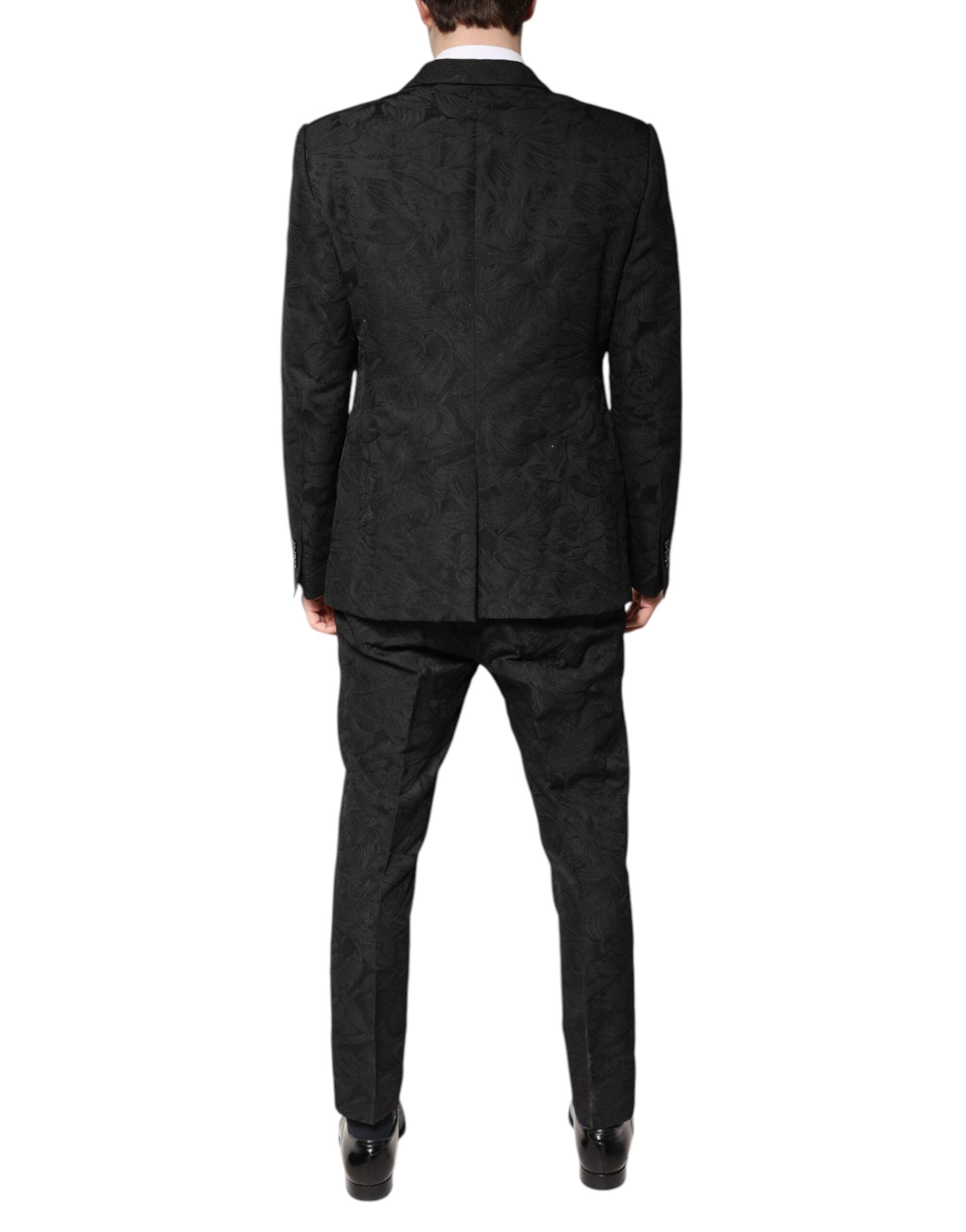 Black Polyester Floral Jacquard 2 Piece Suit - ventzia