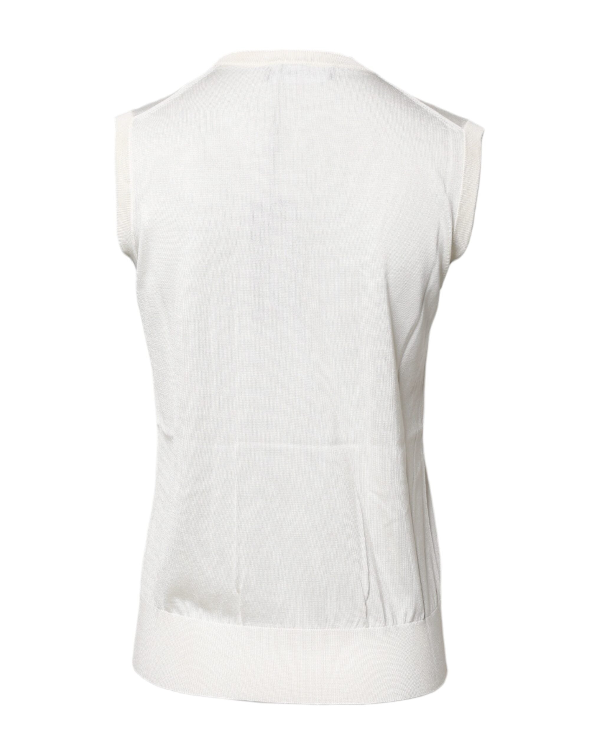 White Silk Round Neck Sleeveless Tank Top - ventzia