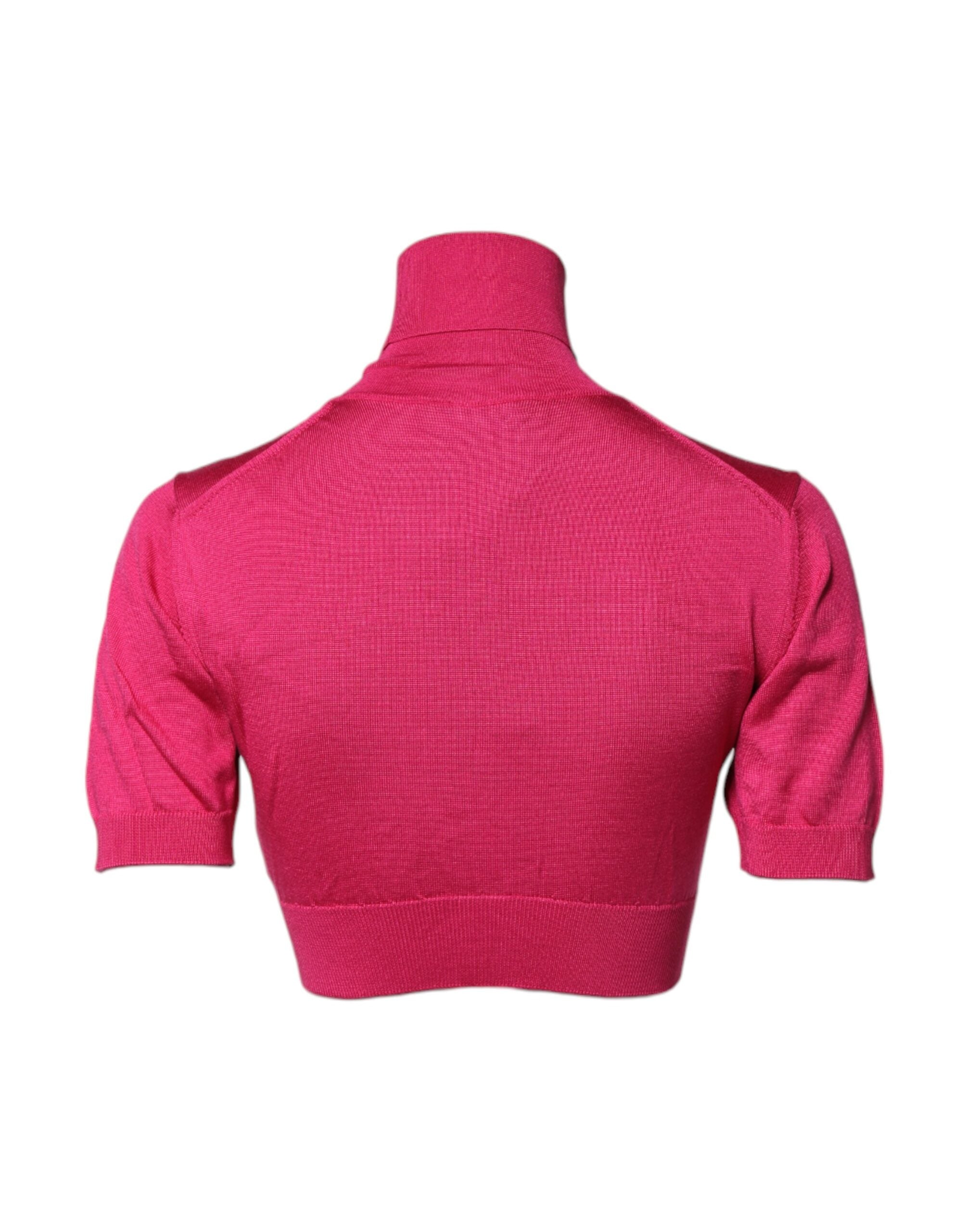 Pink Silk Knitted Turtleneck Cropped Top - ventzia