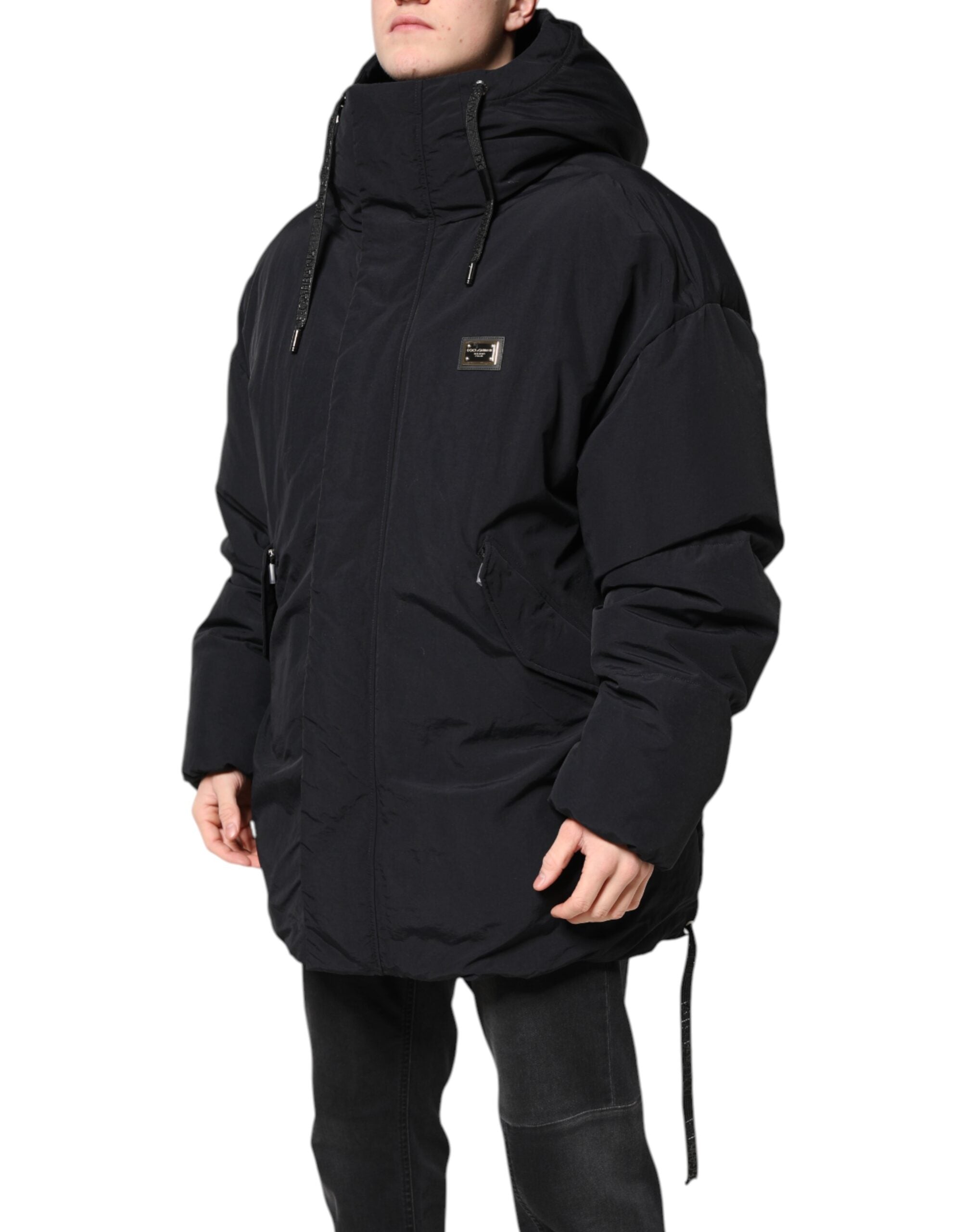 Black Nylon Full Zip Hooded Parka Jacket - ventzia