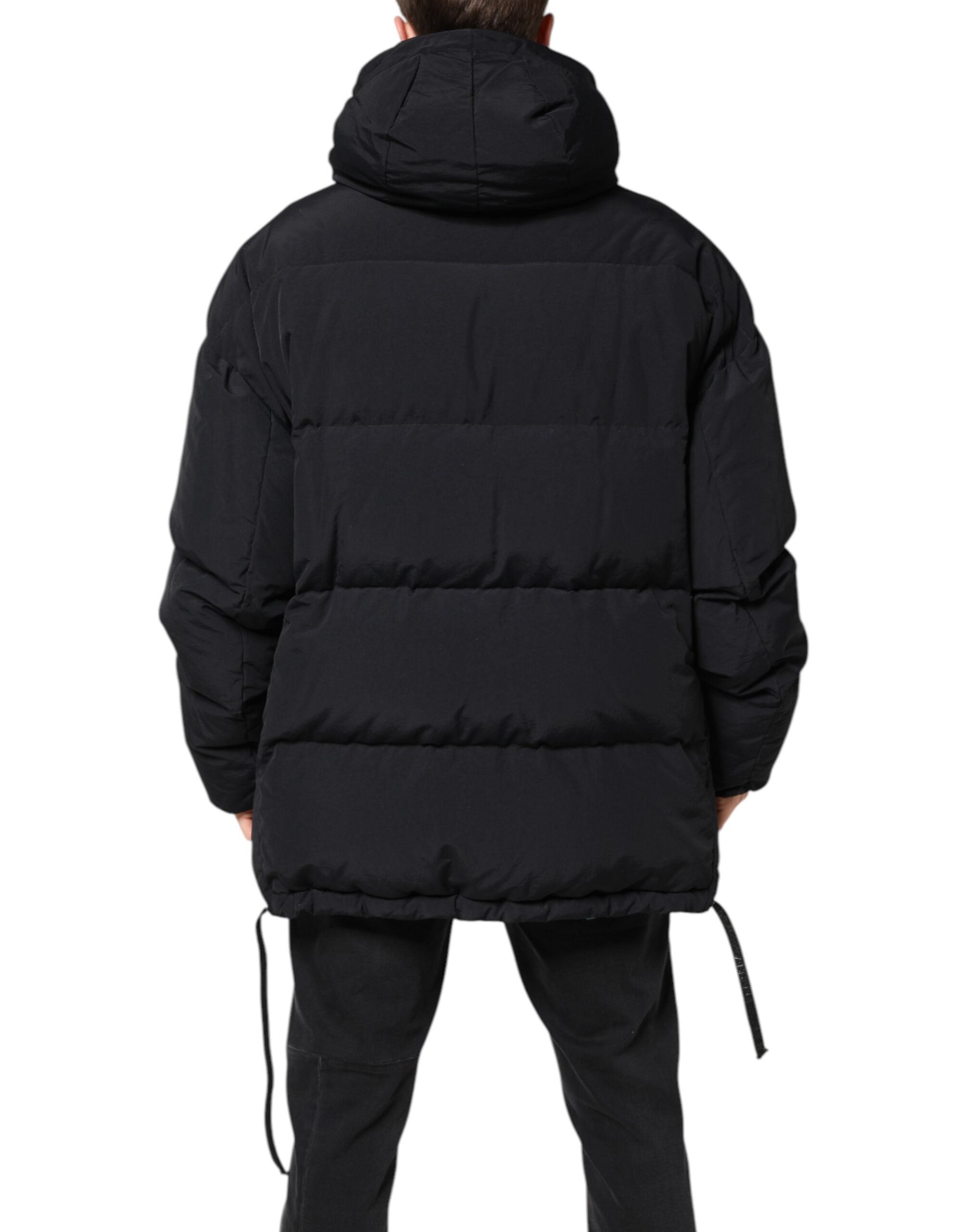 Black Nylon Full Zip Hooded Parka Jacket - ventzia