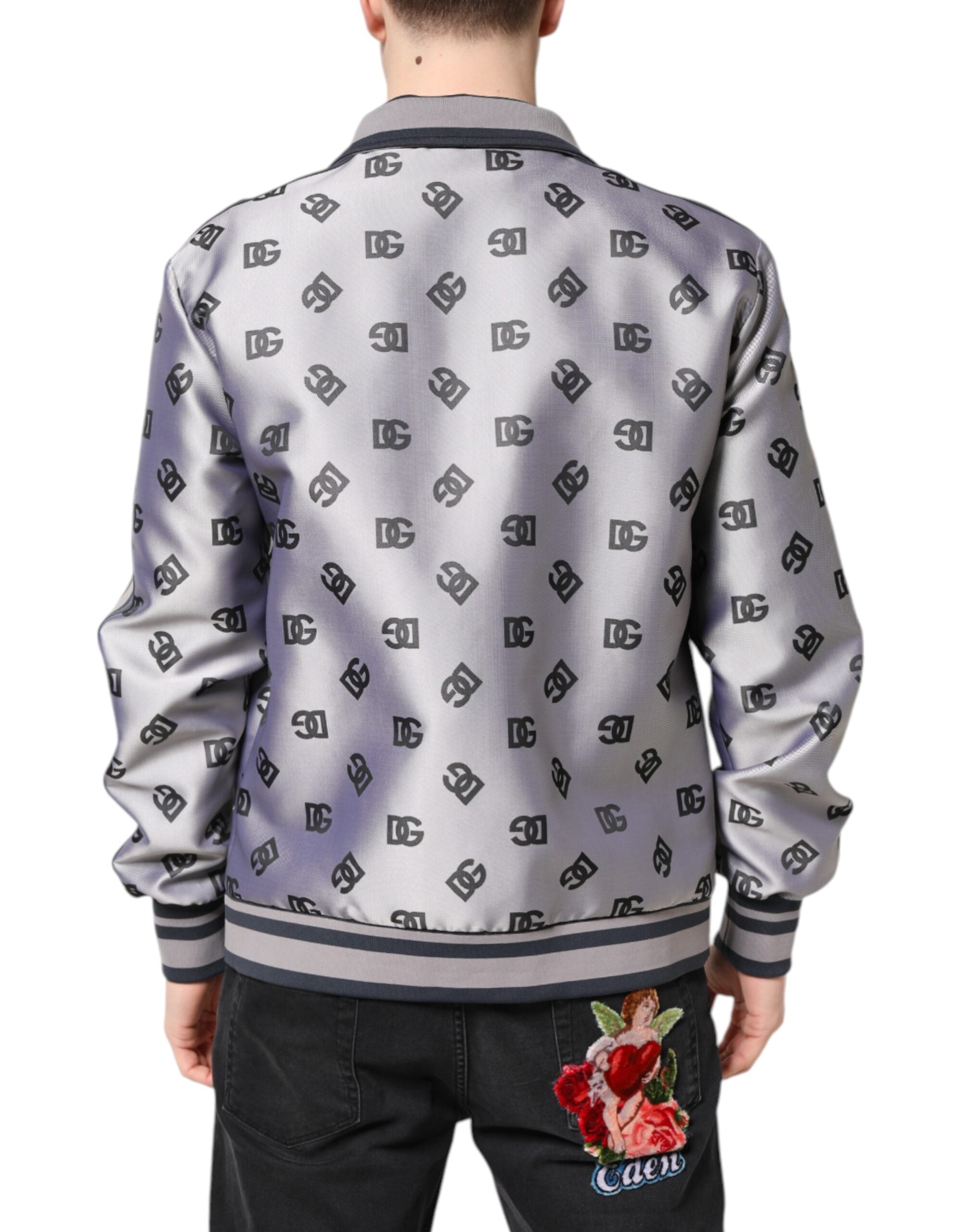 Gray Logo Monogram Full Zip Bomber Jacket - ventzia