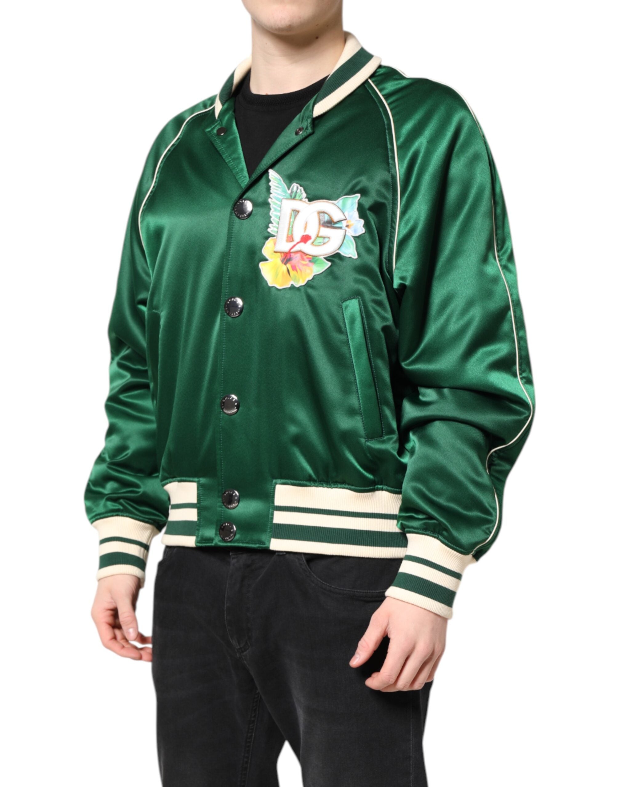 Green Floral DG Logo Full Zip Bomber Jacket - ventzia