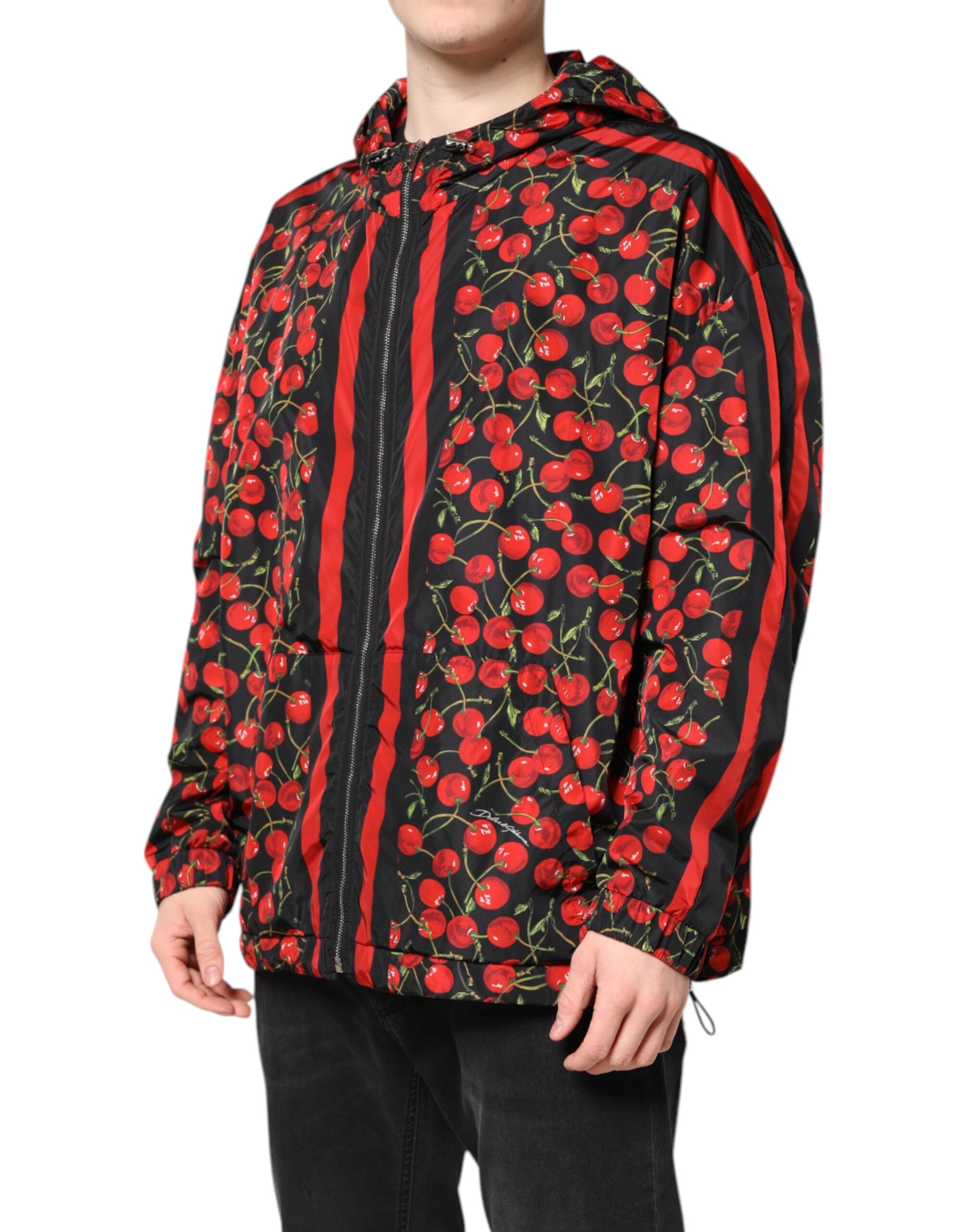 Black Cherry Print Hooded Windbreaker Jacket - ventzia