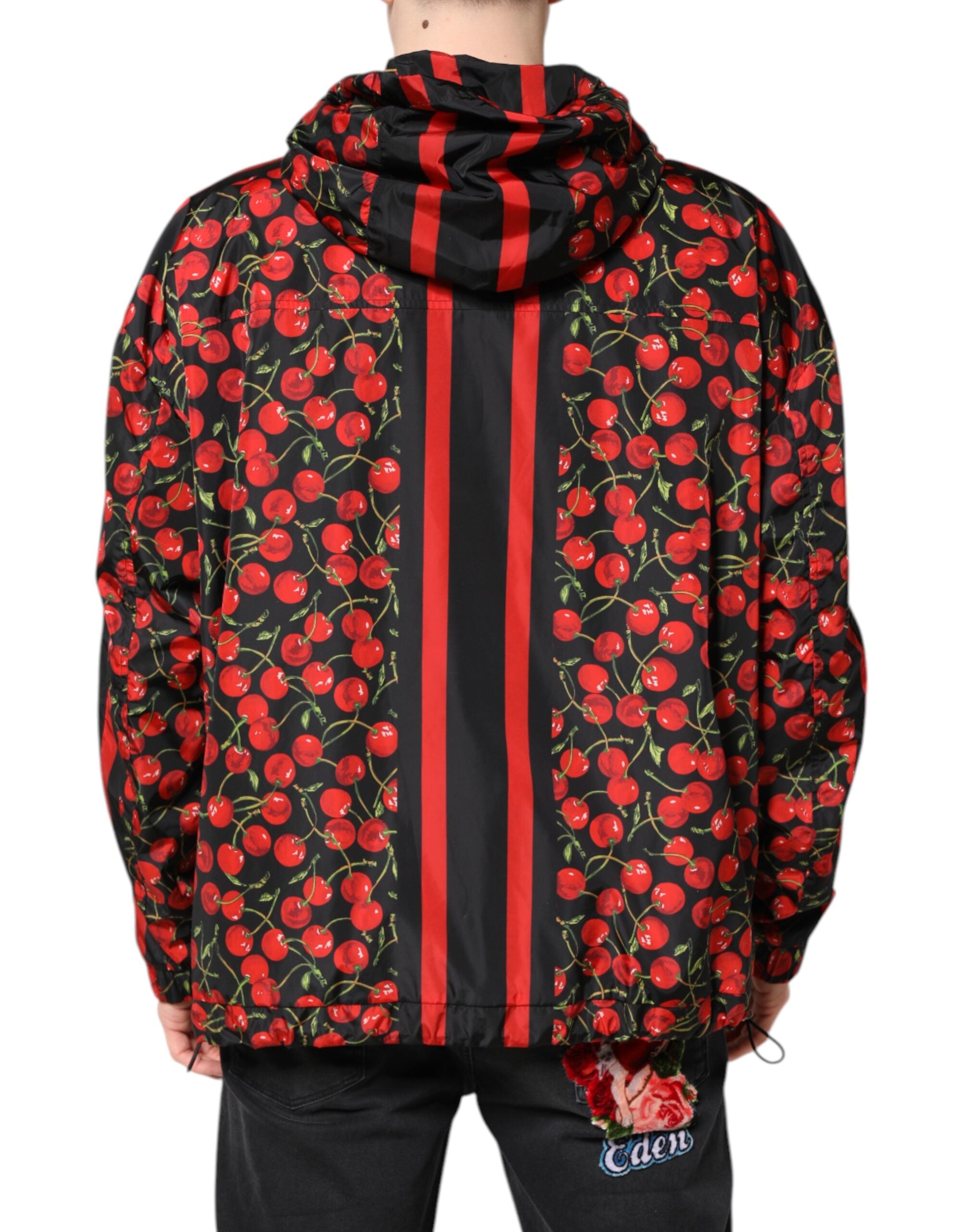 Black Cherry Print Hooded Windbreaker Jacket - ventzia