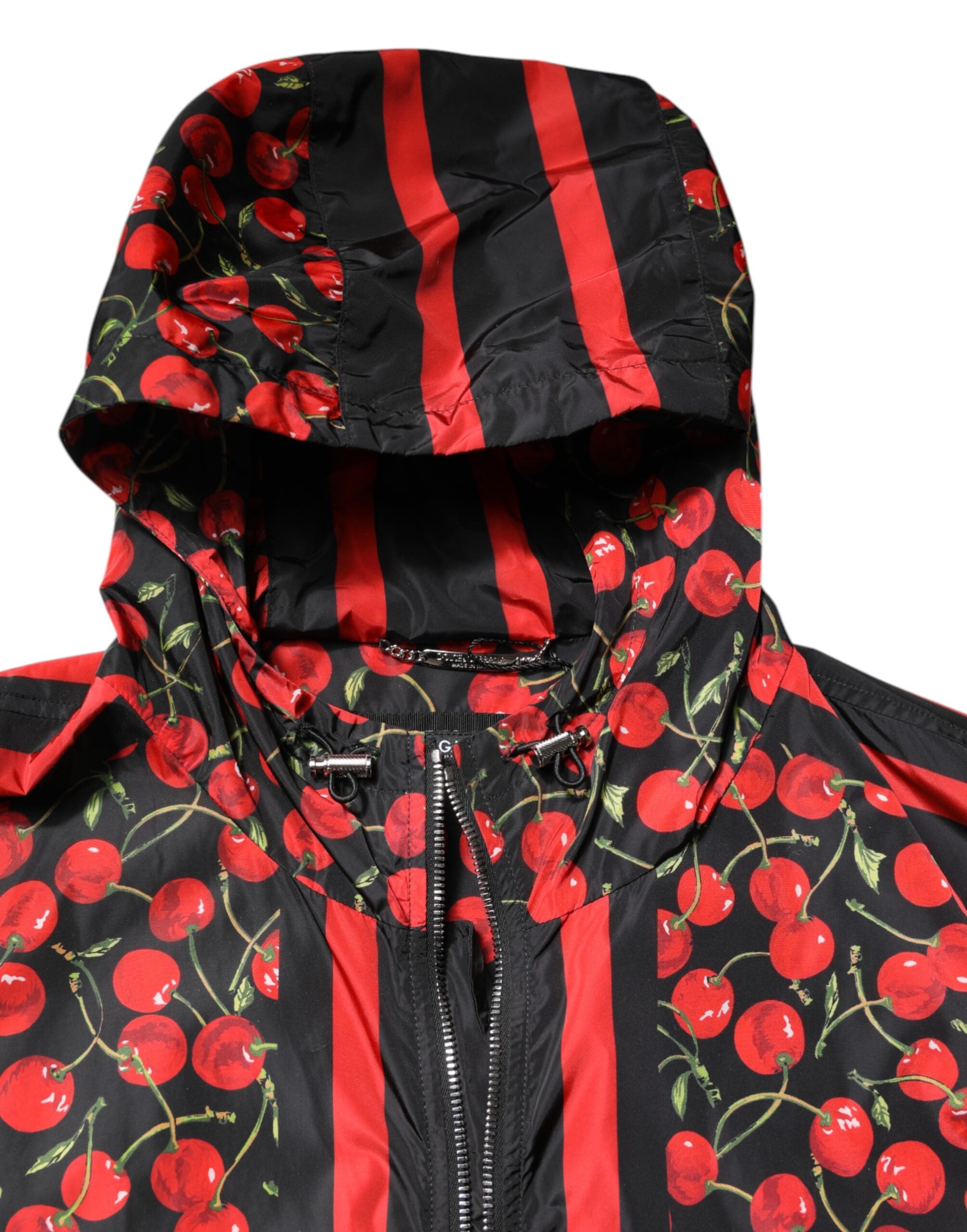 Black Cherry Print Hooded Windbreaker Jacket - ventzia