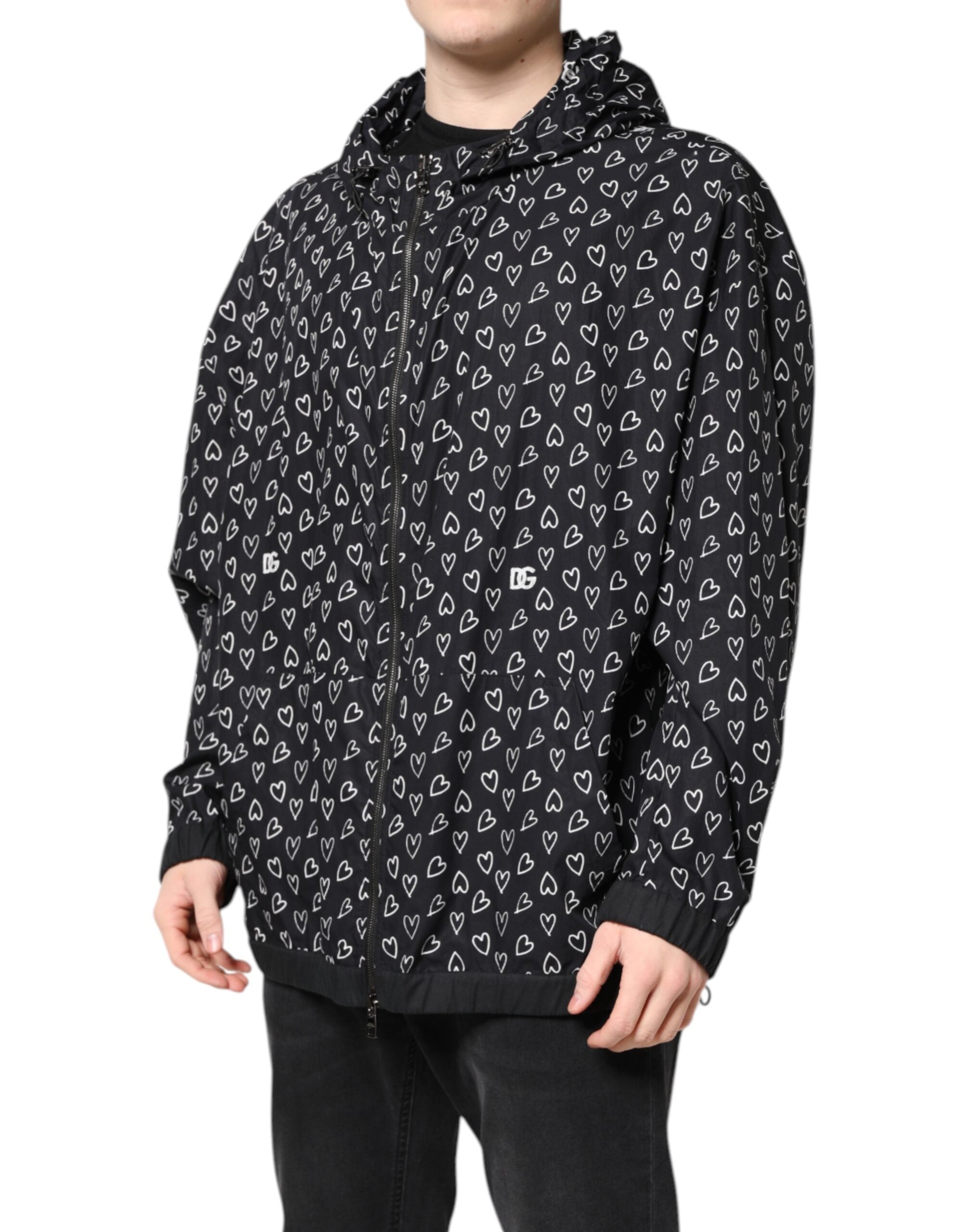 Black Heart Print Hooded Windbreaker Jacket - ventzia