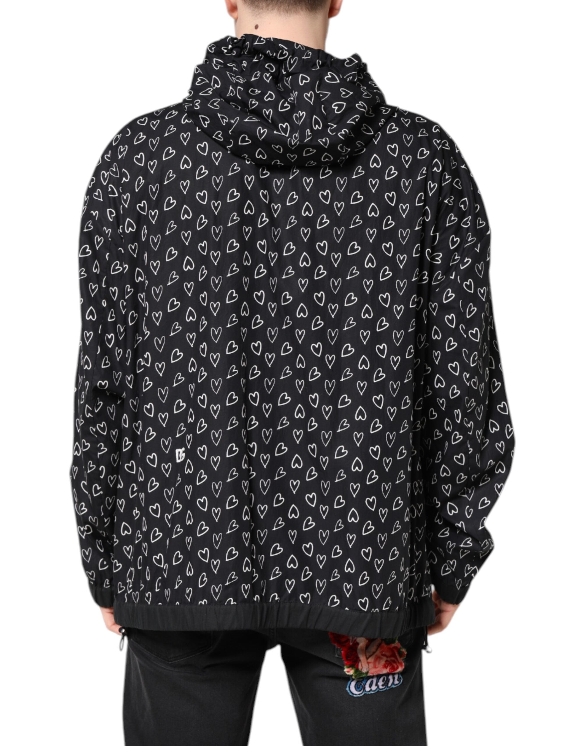Black Heart Print Hooded Windbreaker Jacket - ventzia