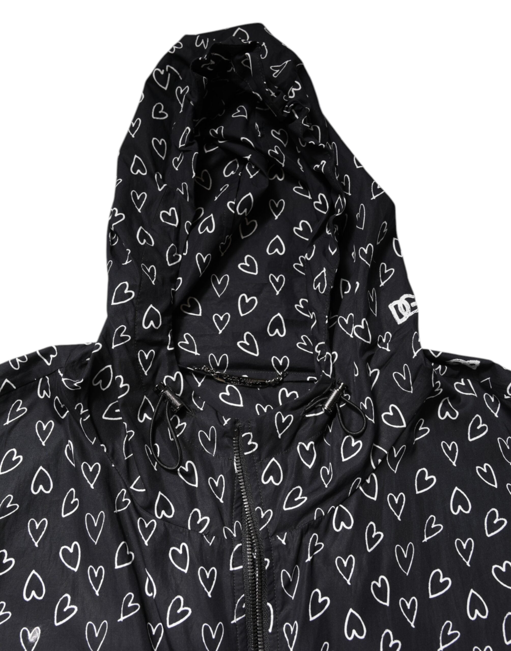Black Heart Print Hooded Windbreaker Jacket - ventzia