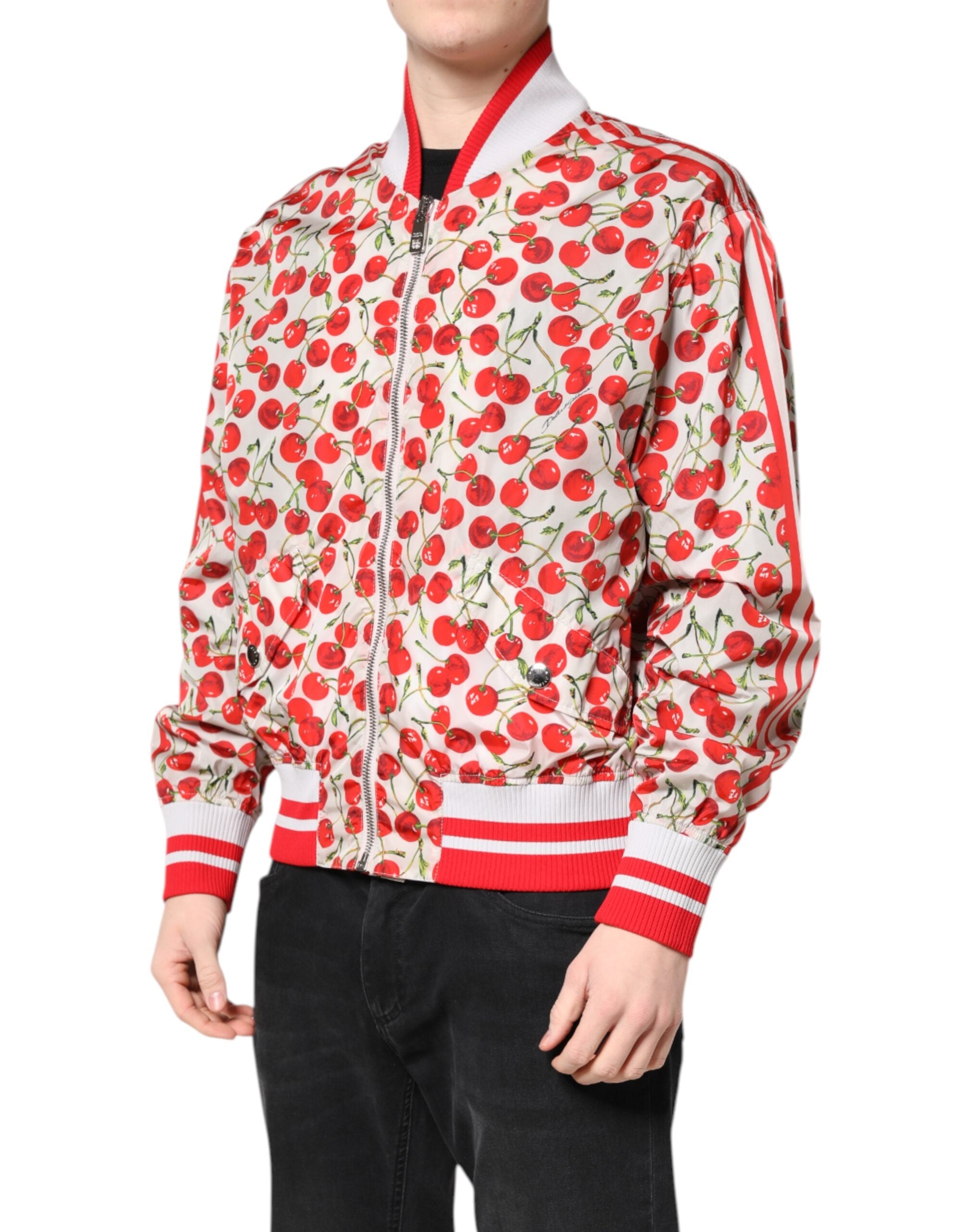 White Cherry Print Full Zip Bomber Jacket - ventzia