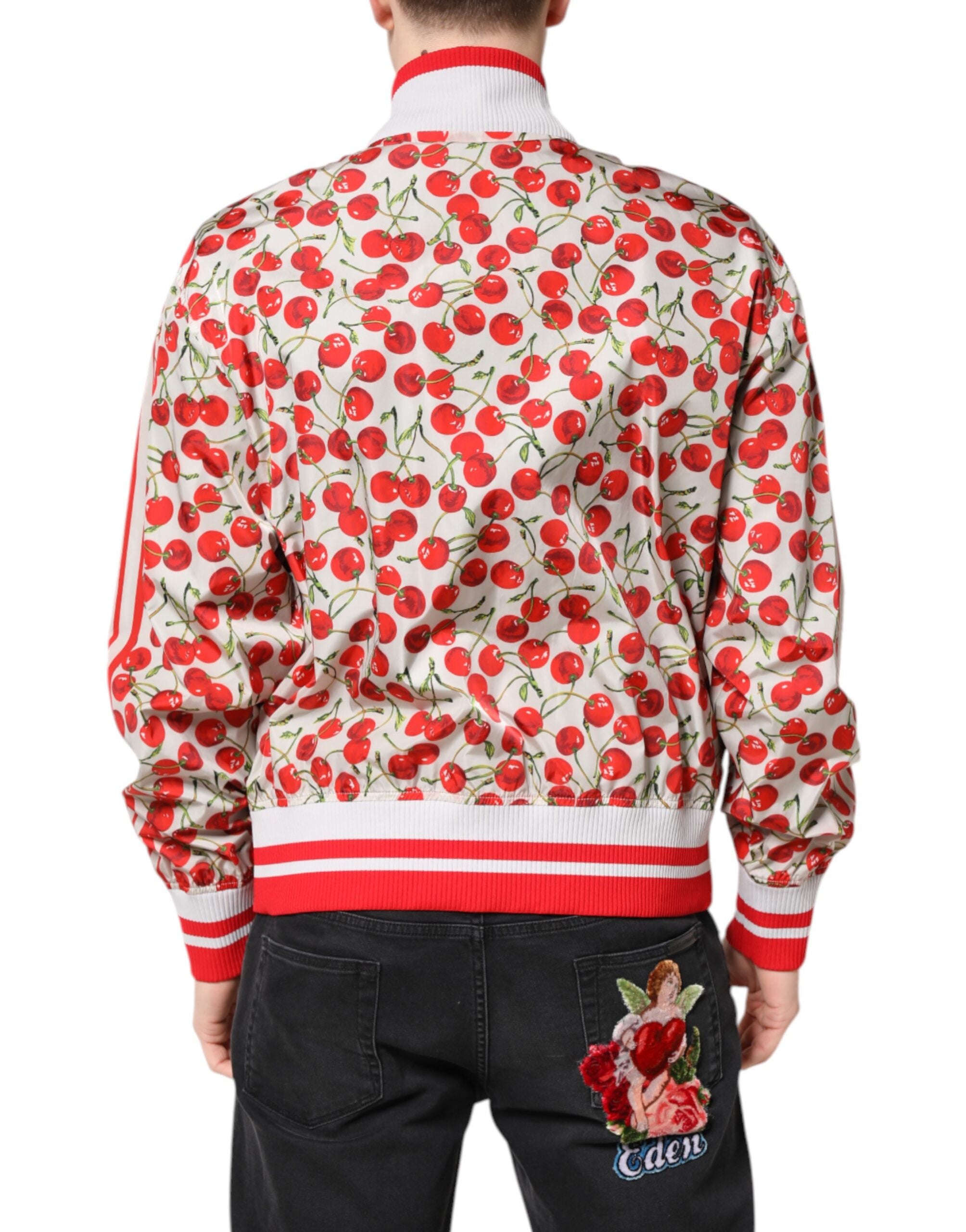 White Cherry Print Full Zip Bomber Jacket - ventzia