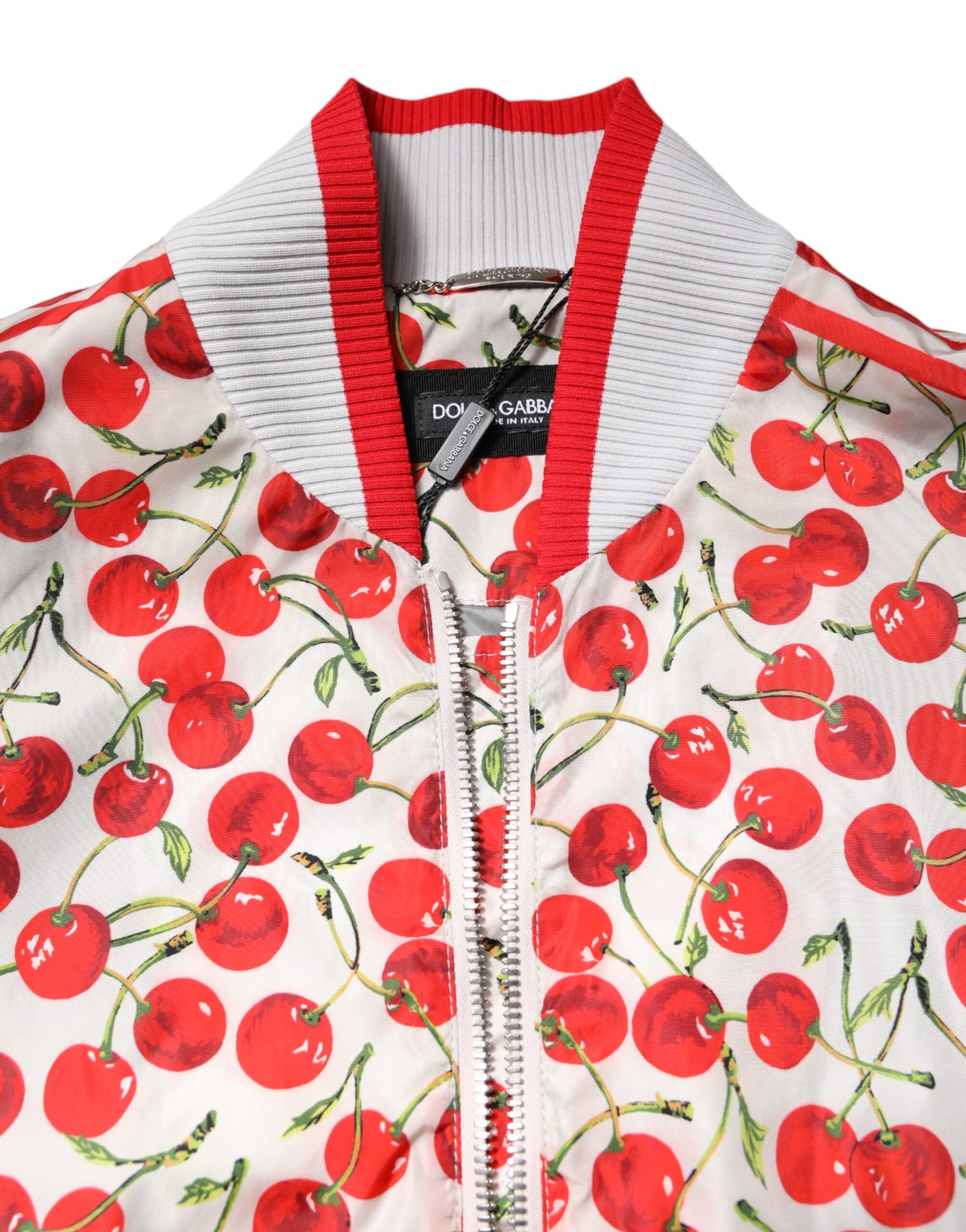 White Cherry Print Full Zip Bomber Jacket - ventzia