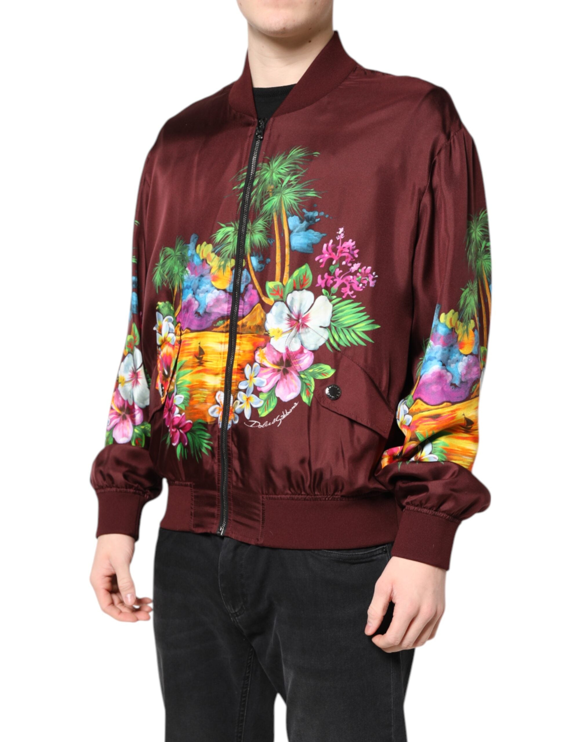 Maroon Floral Print Full Zip Bomber Jacket - ventzia