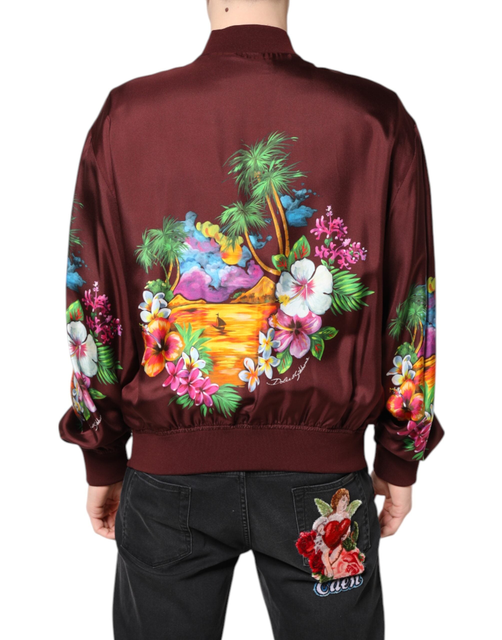 Maroon Floral Print Full Zip Bomber Jacket - ventzia