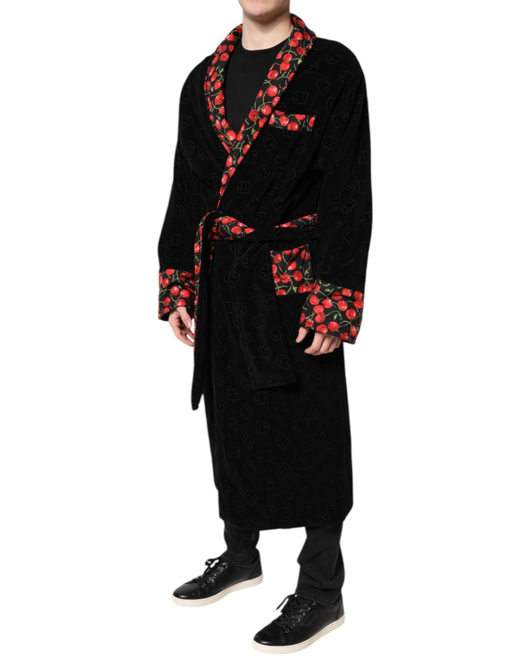 Black Cherry Print Wrap Robe Men Coat Jacket - ventzia