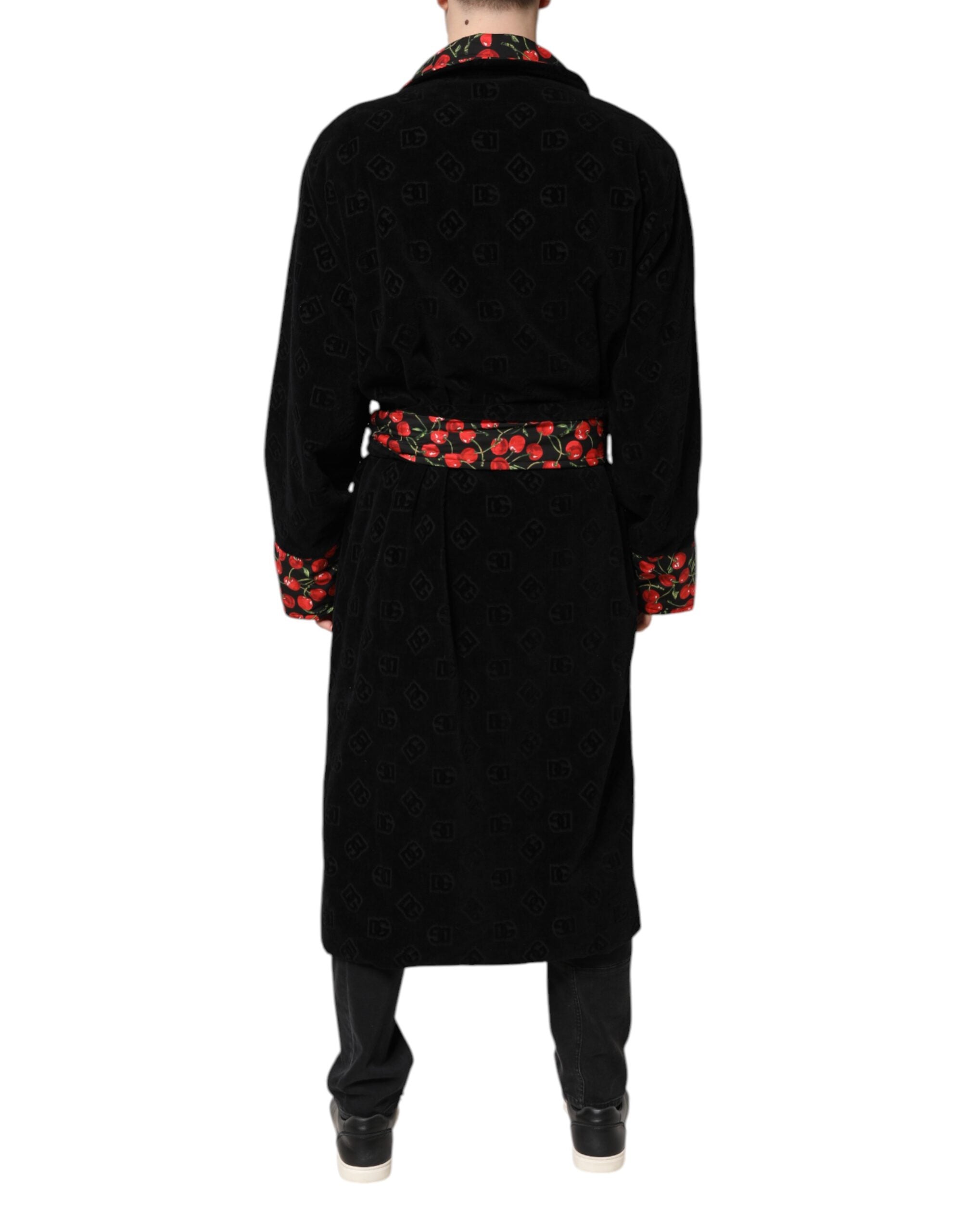 Black Cherry Print Wrap Robe Men Coat Jacket - ventzia