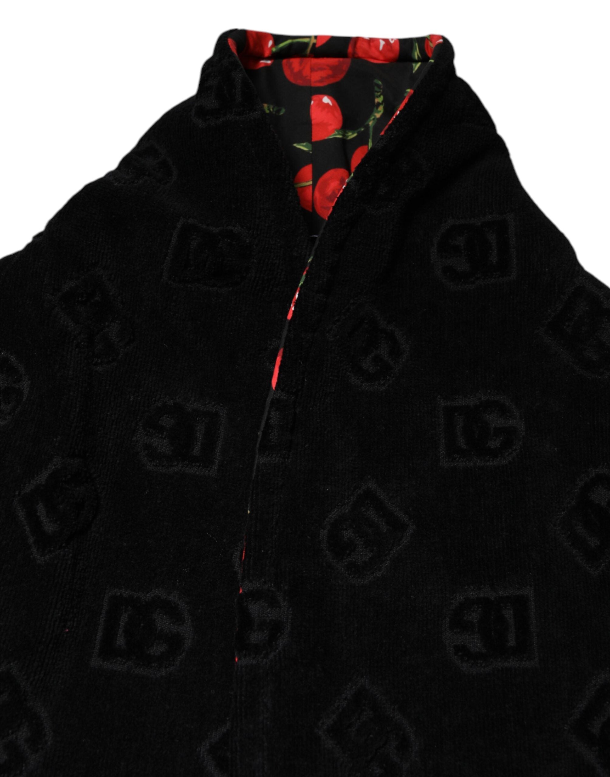 Black Cherry Print Wrap Robe Men Coat Jacket - ventzia