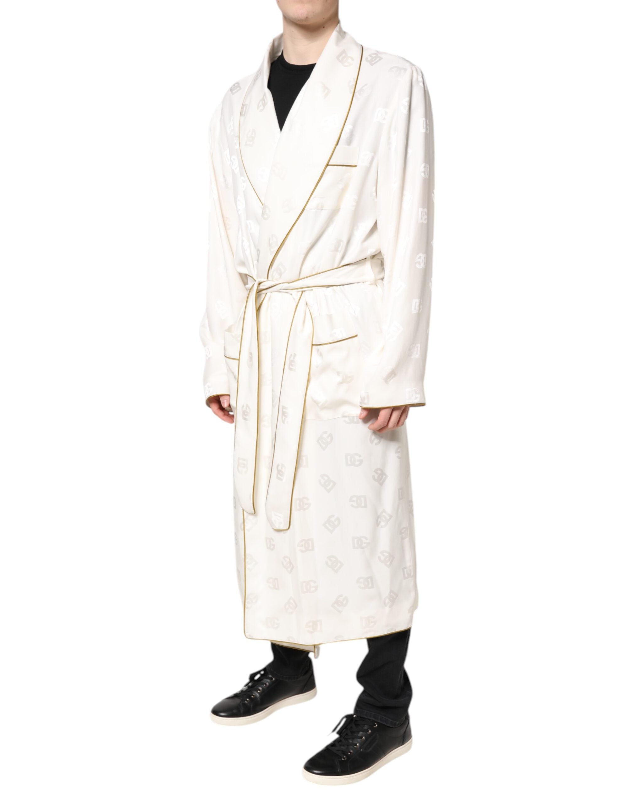 Ivory Silk Logo Men Wrap Robe Coat Jacket - ventzia