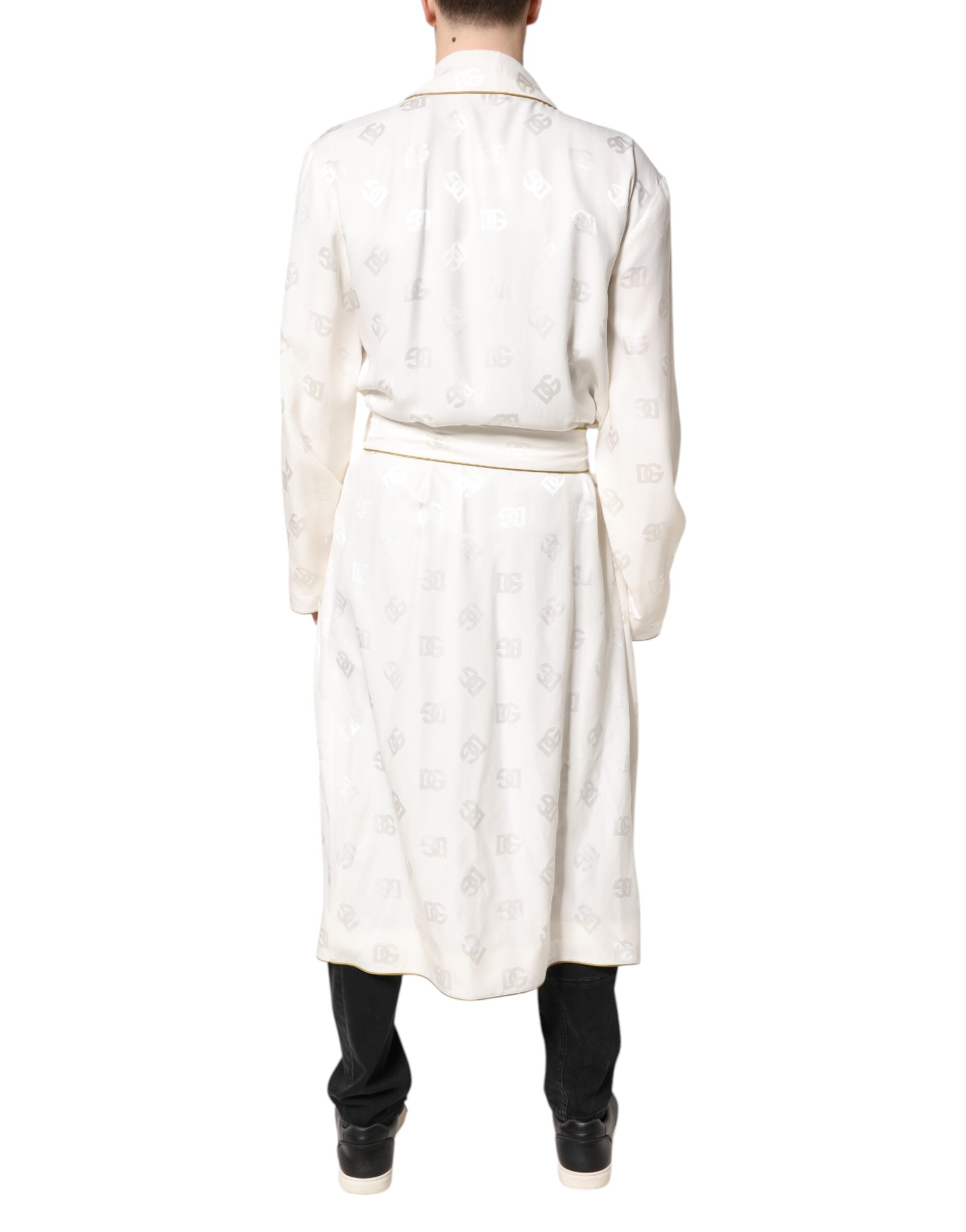 Ivory Silk Logo Men Wrap Robe Coat Jacket - ventzia