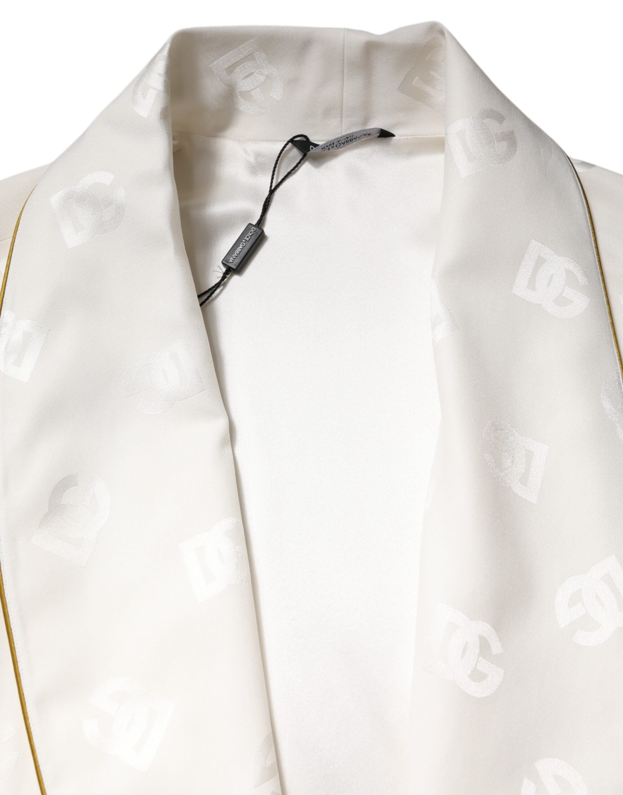 Ivory Silk Logo Men Wrap Robe Coat Jacket - ventzia