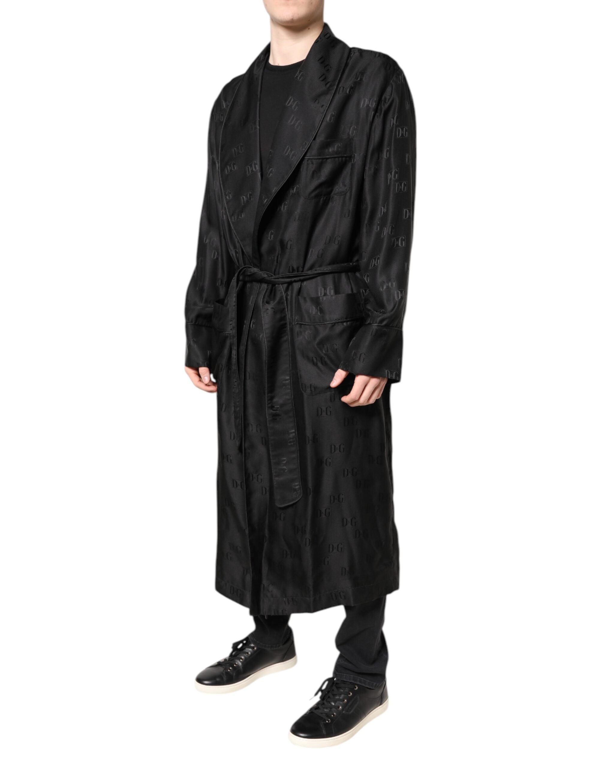 Black Silk DG Logo Men Wrap Robe Coat Jacket - ventzia