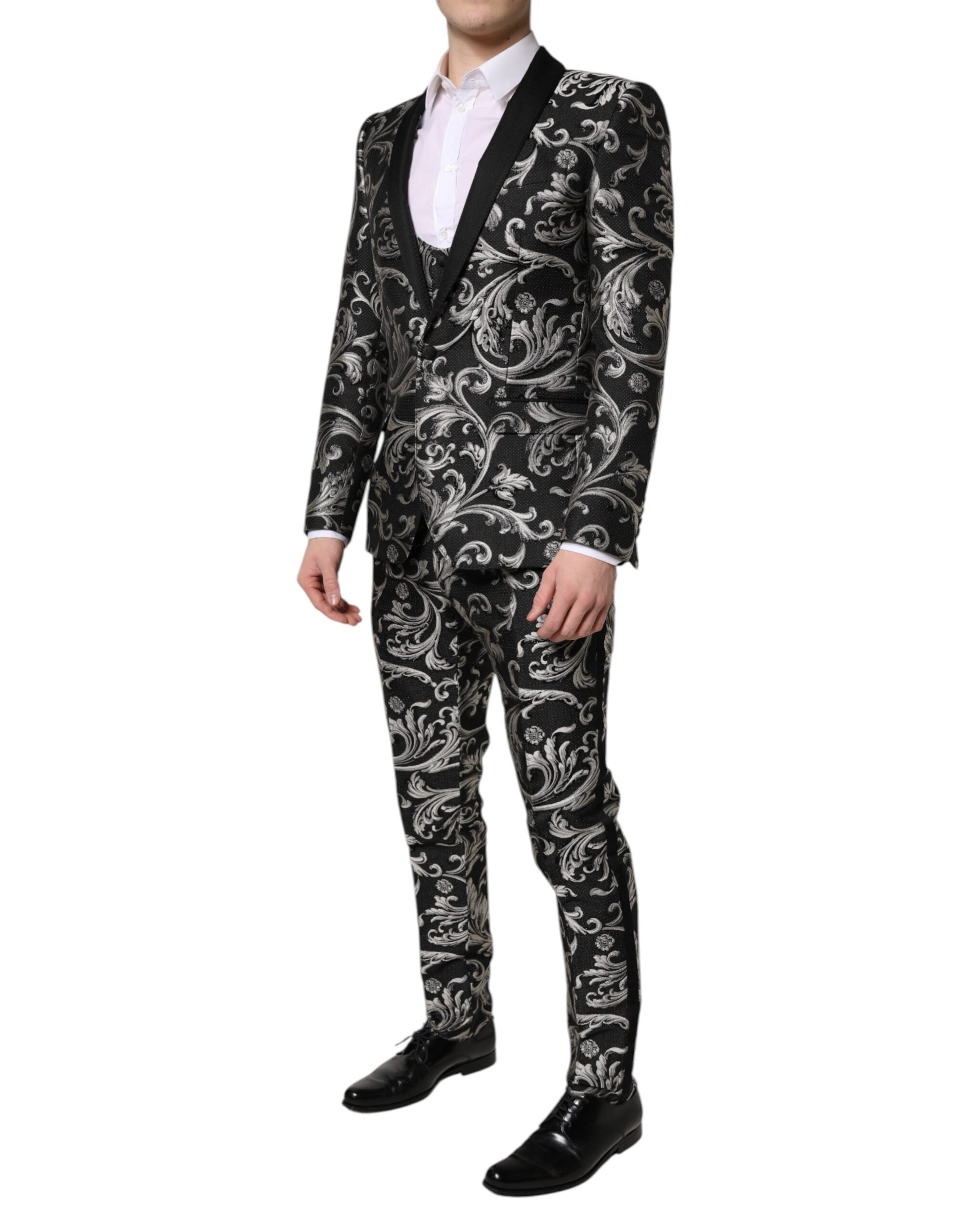 Black Gray MARTINI Jacquard Men 3 Piece Suit - ventzia