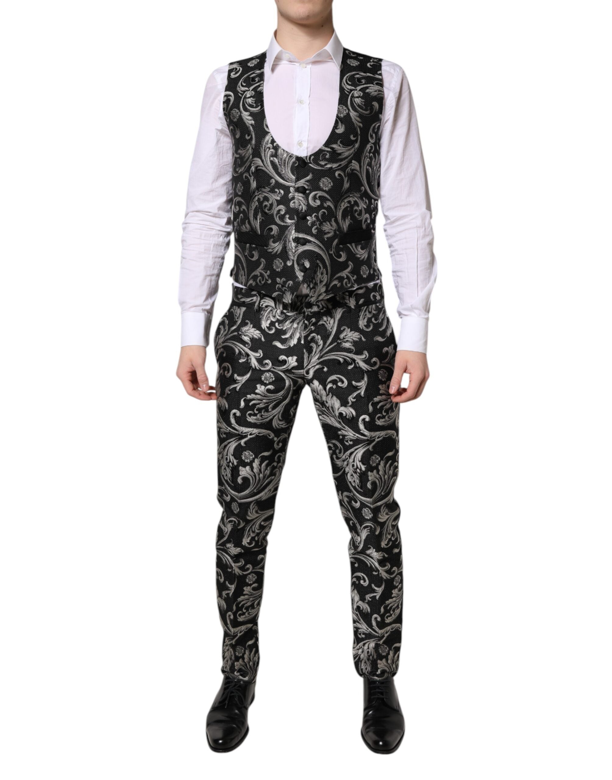 Black Gray MARTINI Jacquard Men 3 Piece Suit - ventzia