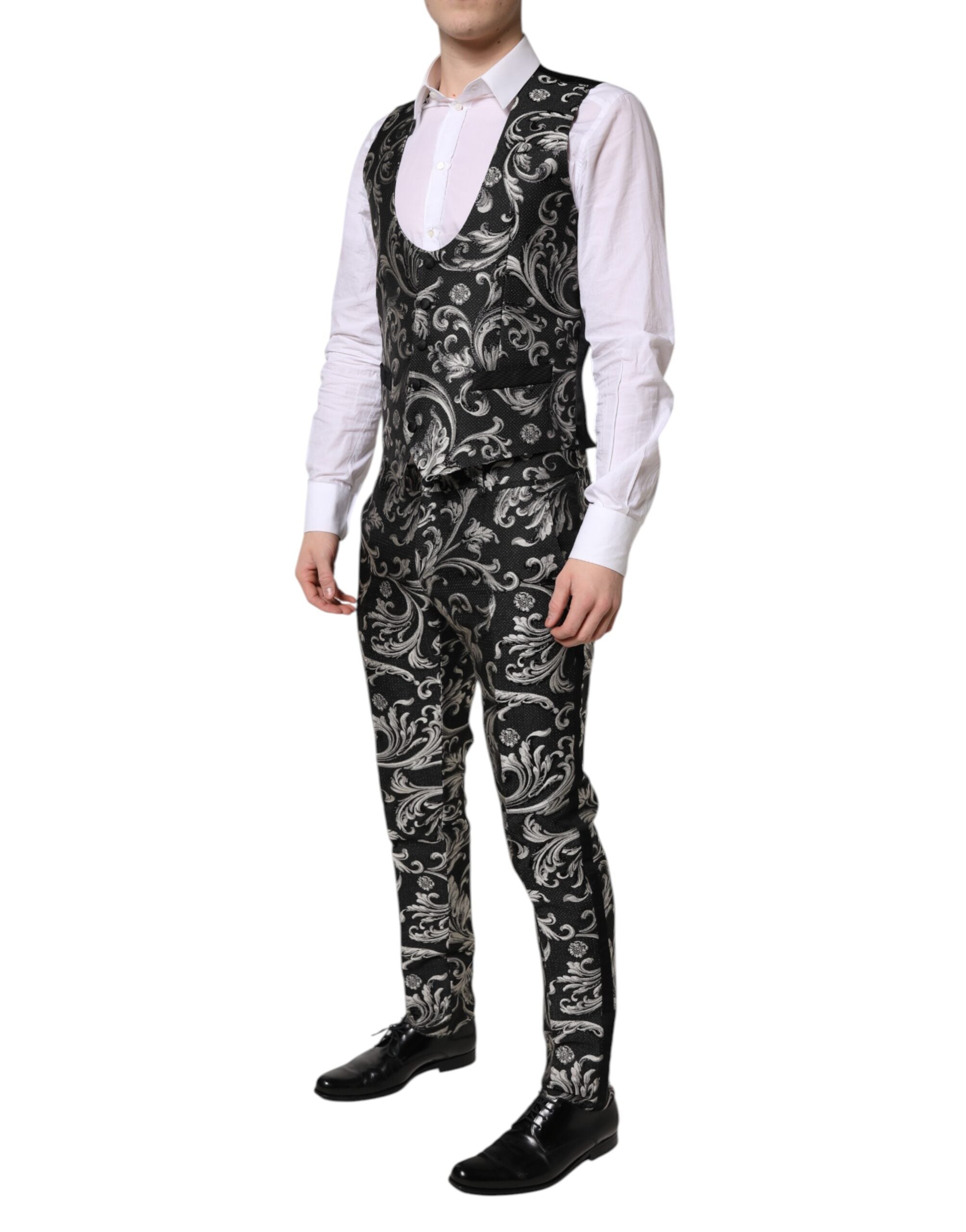 Black Gray MARTINI Jacquard Men 3 Piece Suit - ventzia