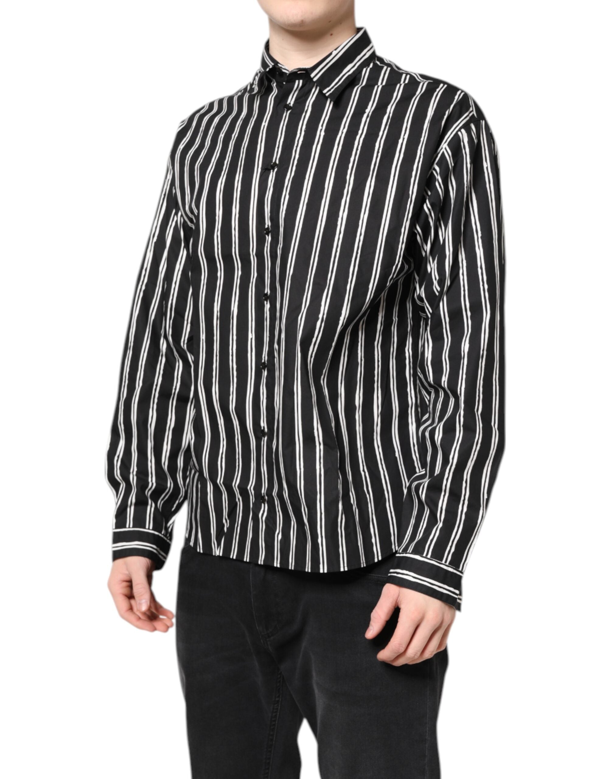 Black White Striped Cotton Dress Shirt - ventzia