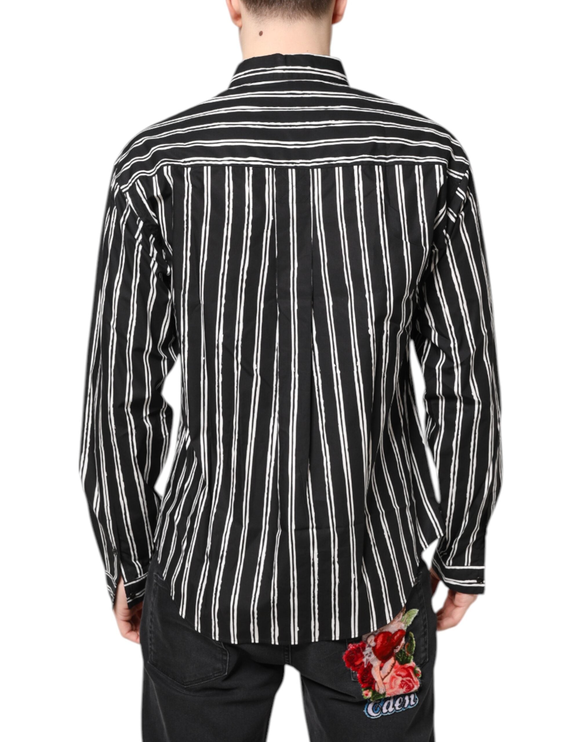 Black White Striped Cotton Dress Shirt - ventzia
