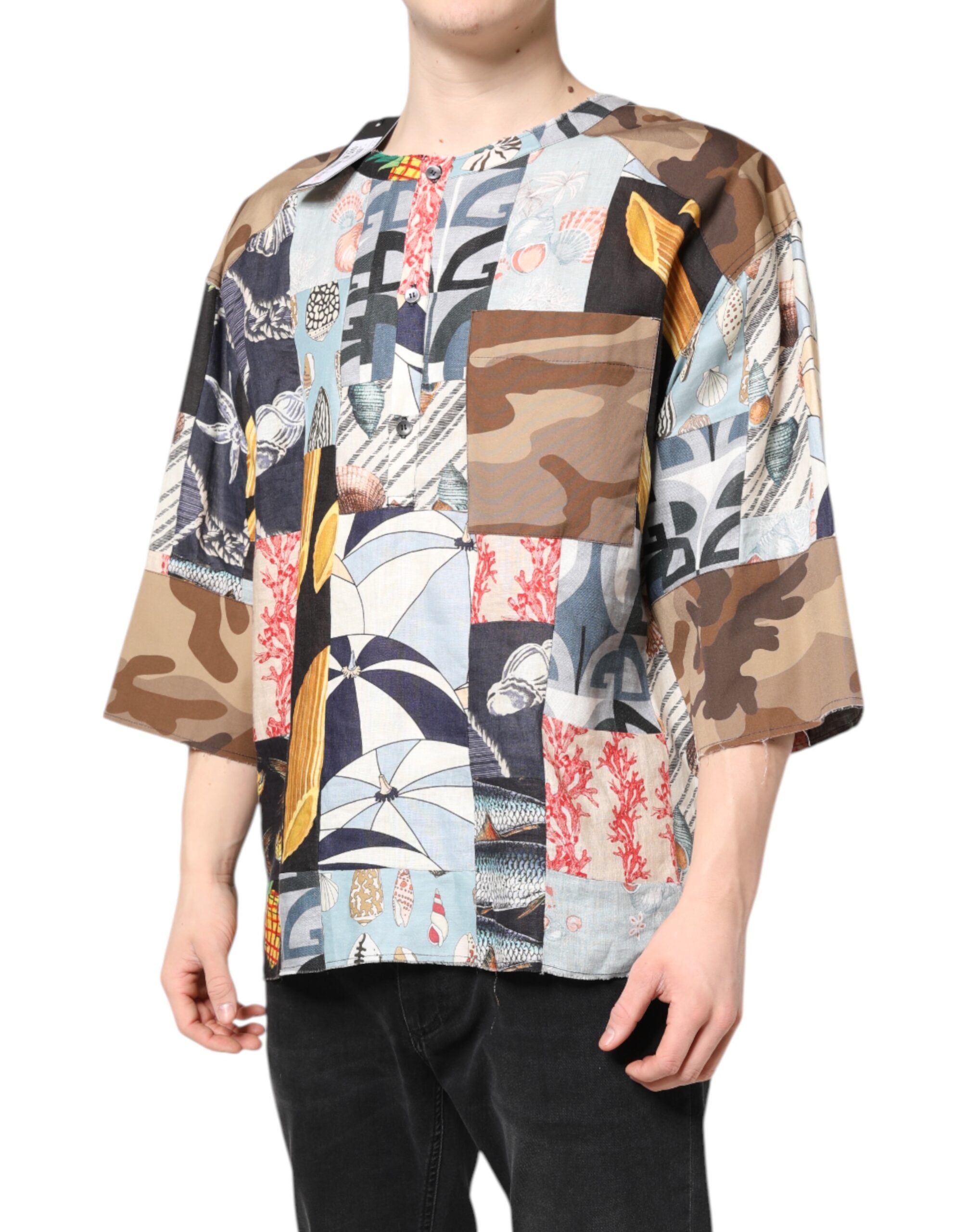 Multicolor Patchwork Short Sleeves Shirt - ventzia
