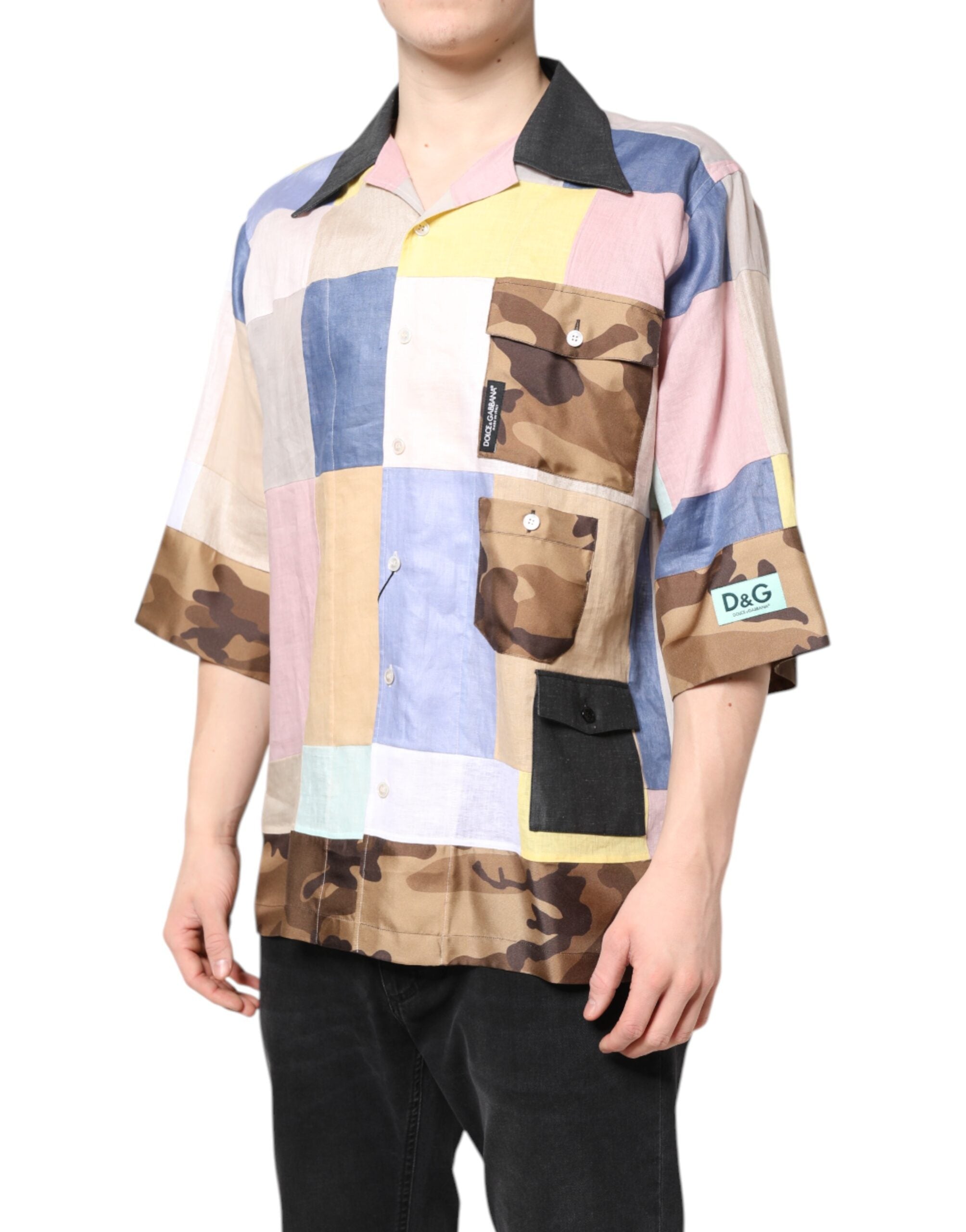 Multicolor Patchwork Short Sleeve Shirt - ventzia