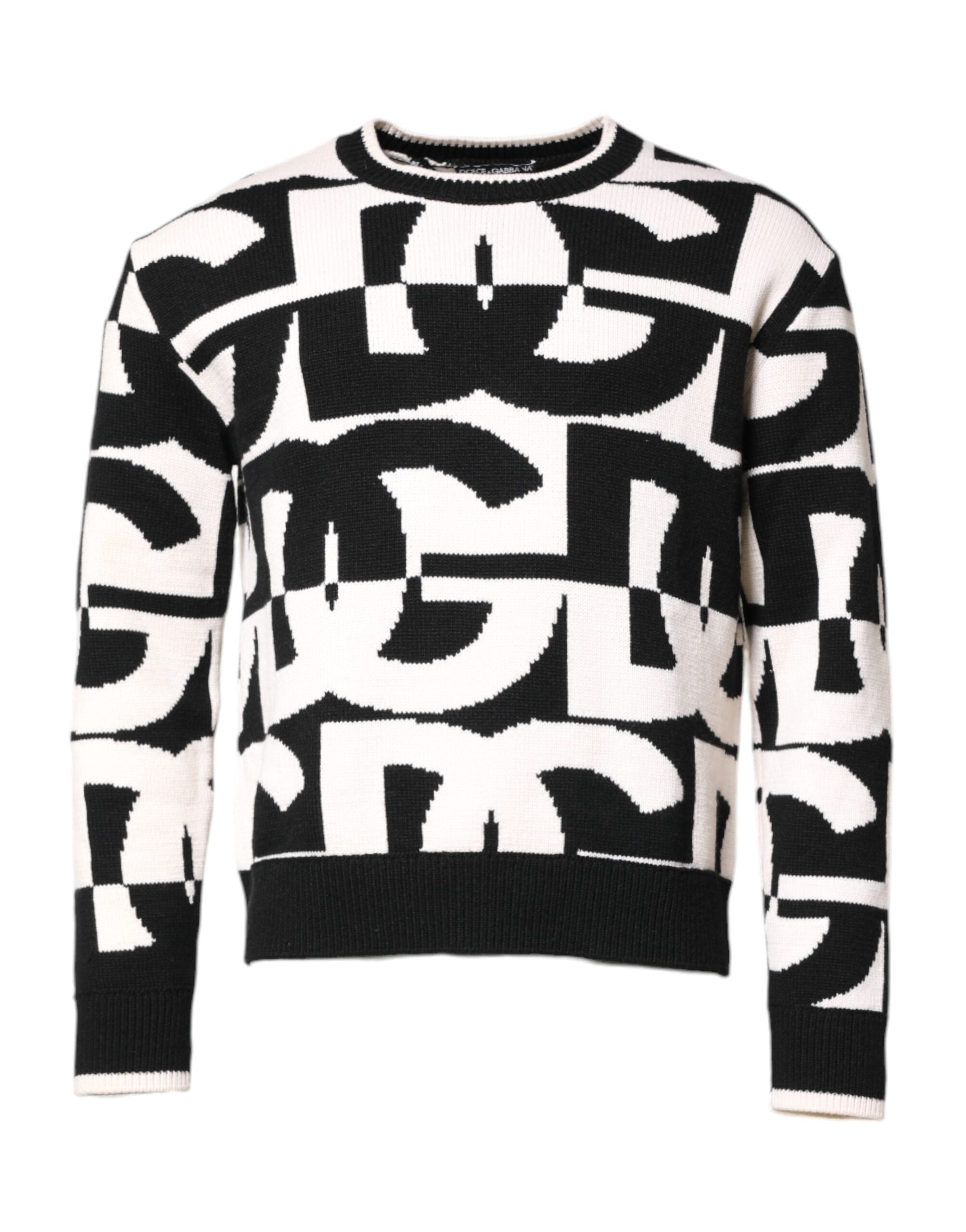 Black White Knit Logo Print Pullover Sweater - ventzia