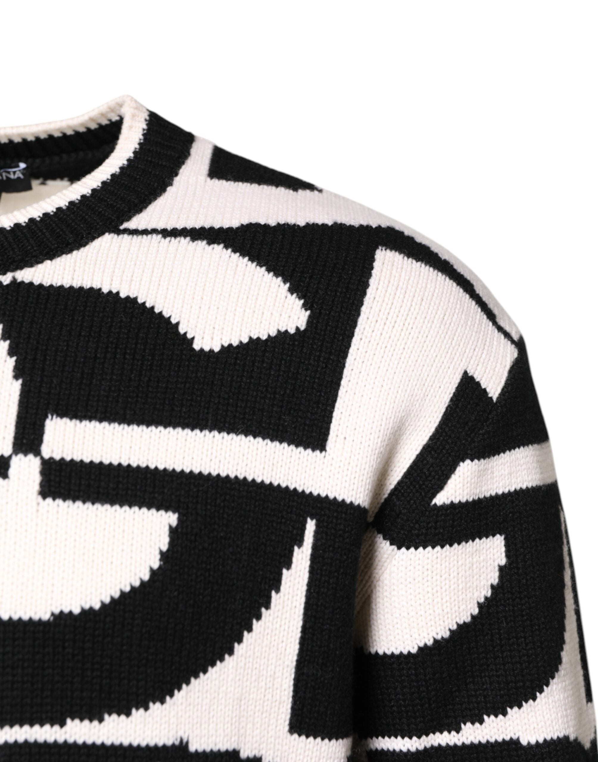 Black White Knit Logo Print Pullover Sweater - ventzia