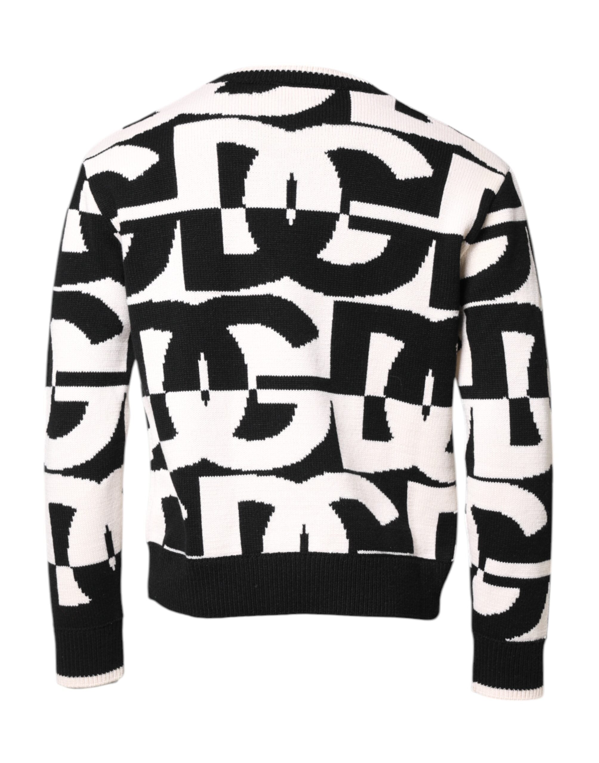 Black White Knit Logo Print Pullover Sweater - ventzia