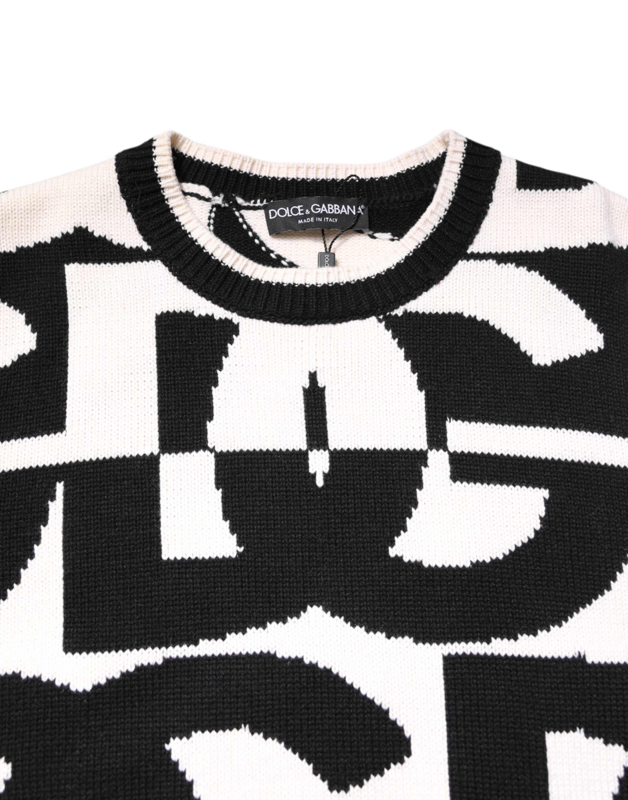 Black White Knit Logo Print Pullover Sweater - ventzia