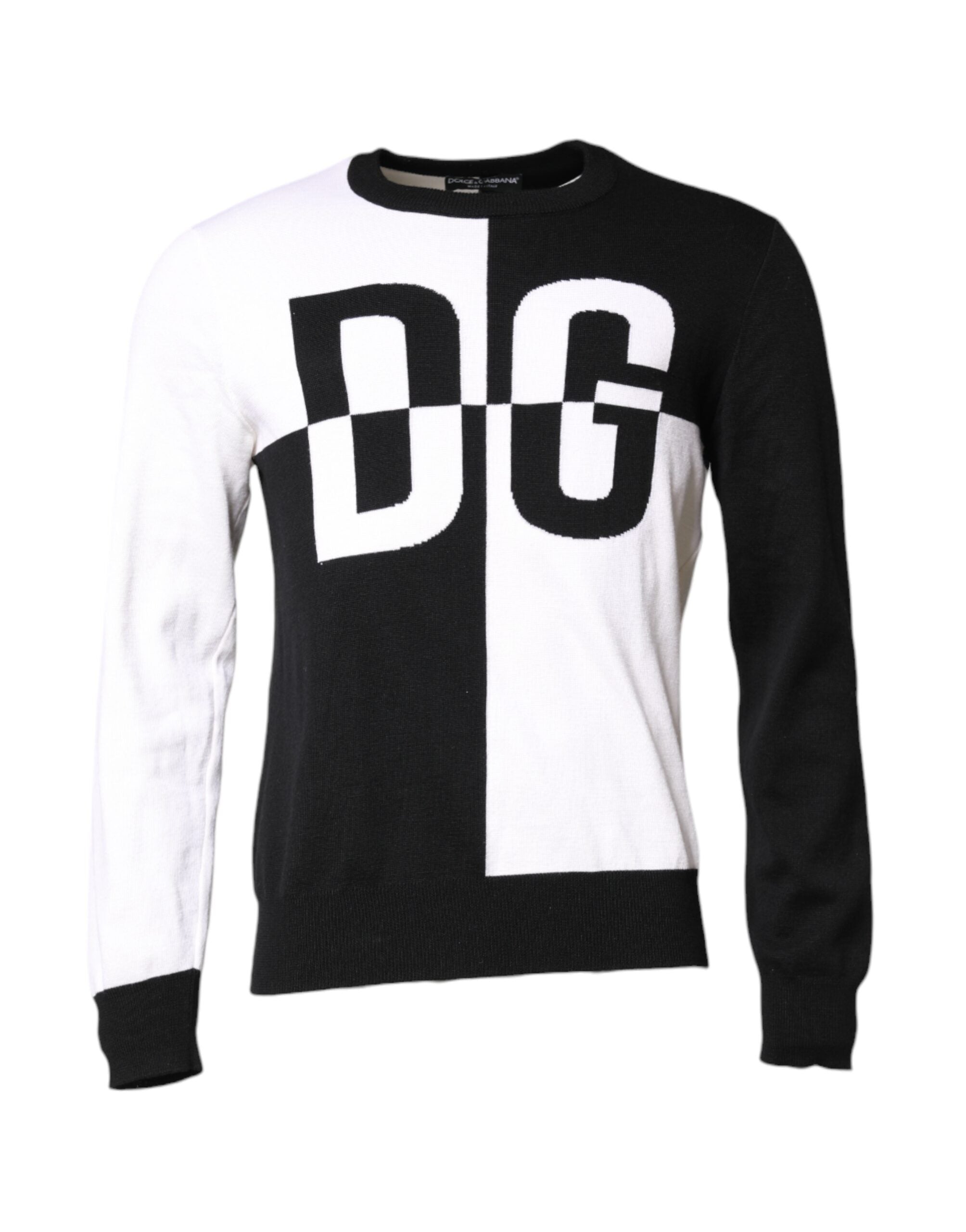 Black White Knit Logo Print Pullover Sweater - ventzia