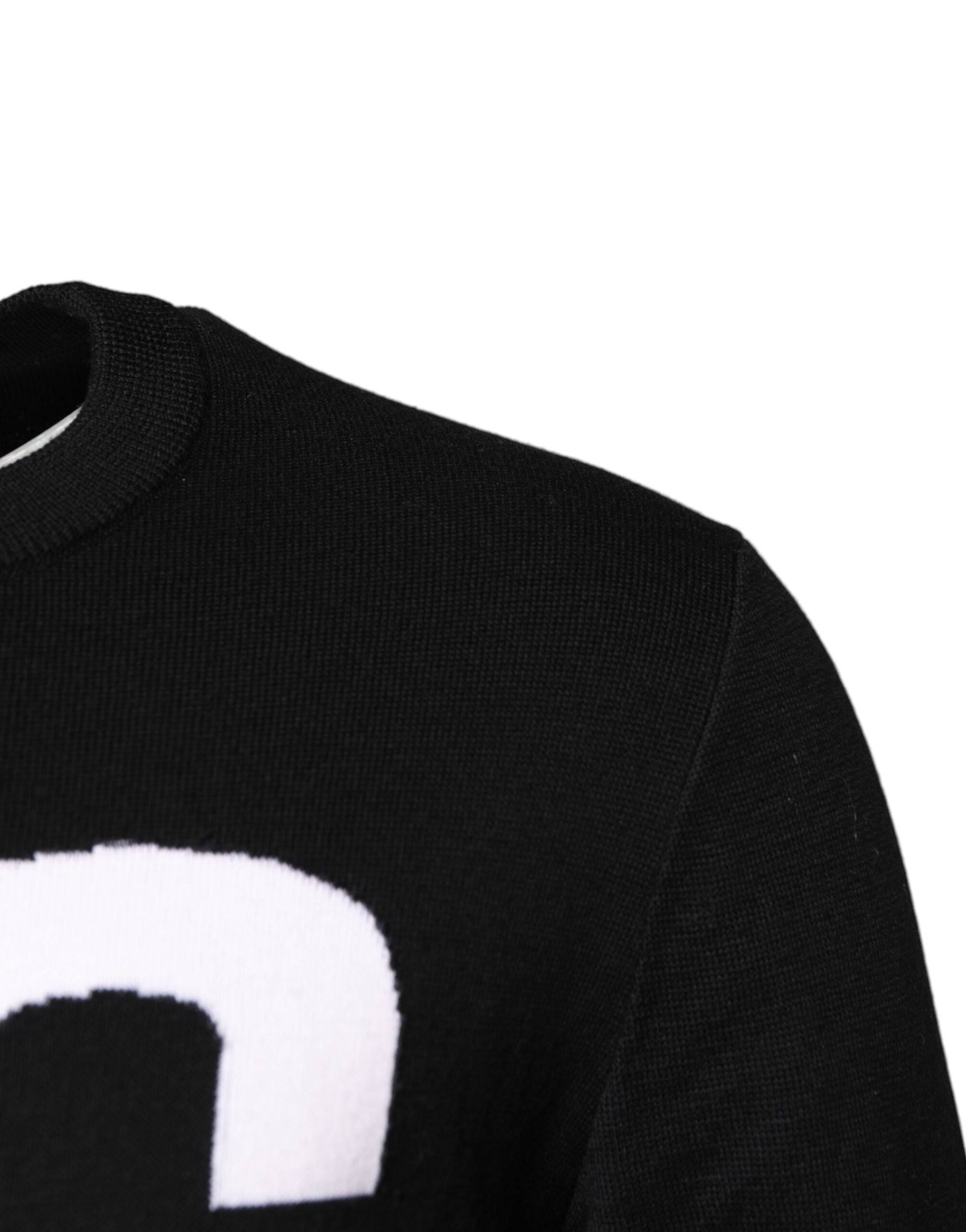 Black White Knit Logo Print Pullover Sweater - ventzia