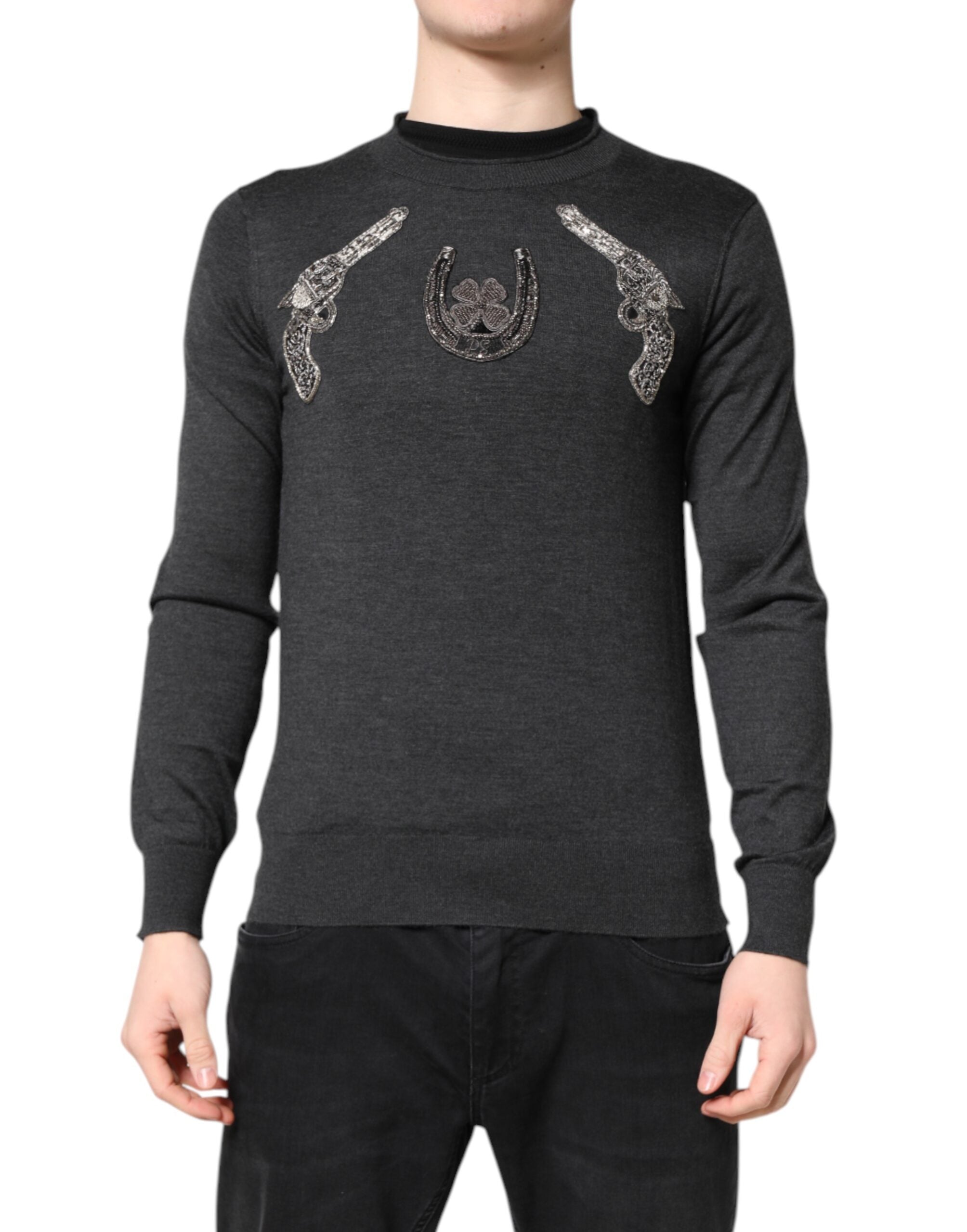 Gray Embroidery Knit Men Pullover Sweater - ventzia